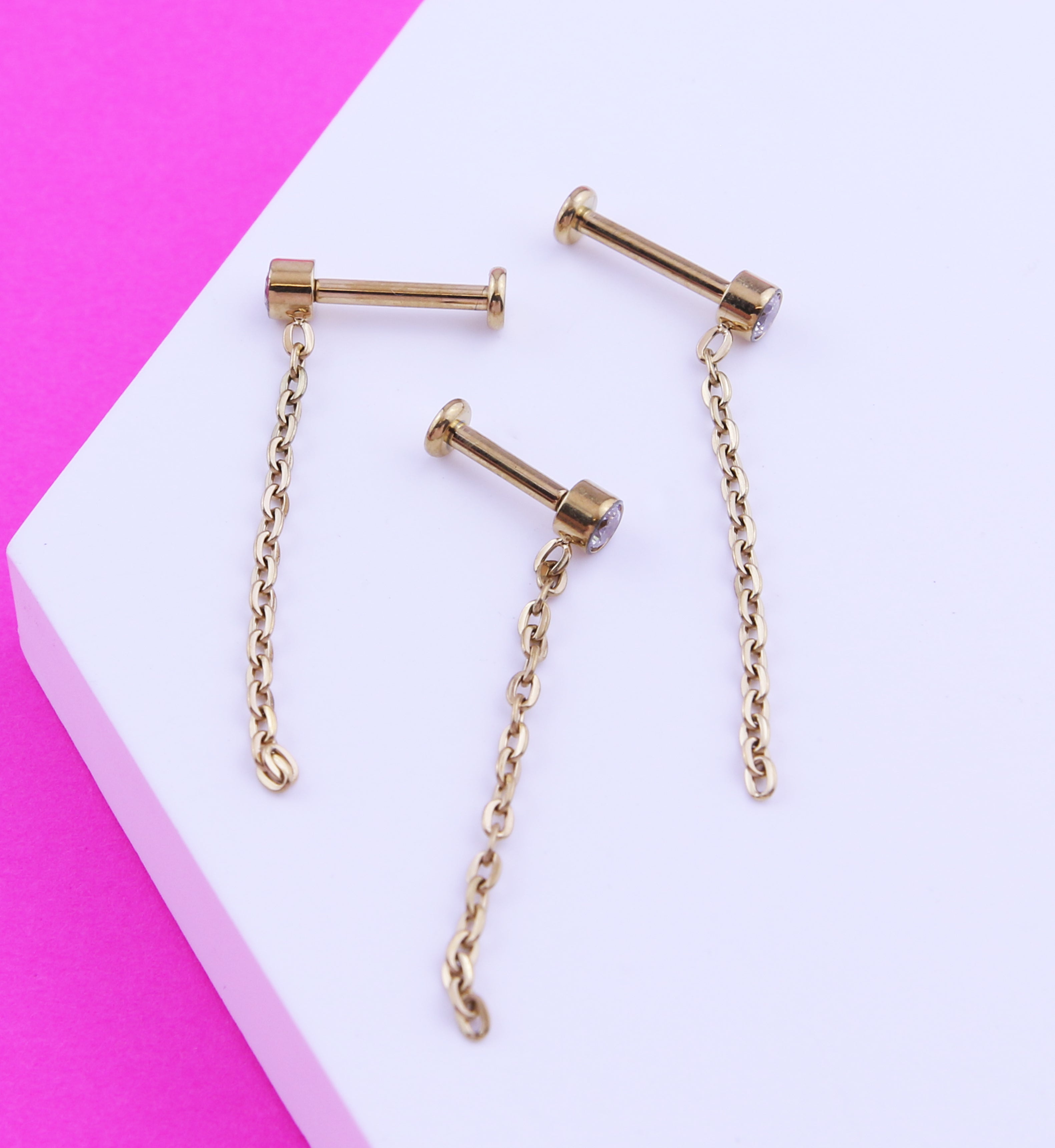 Gold PVD Single Dangle Chain Clear CZ Internally Threaded Titanium Labret