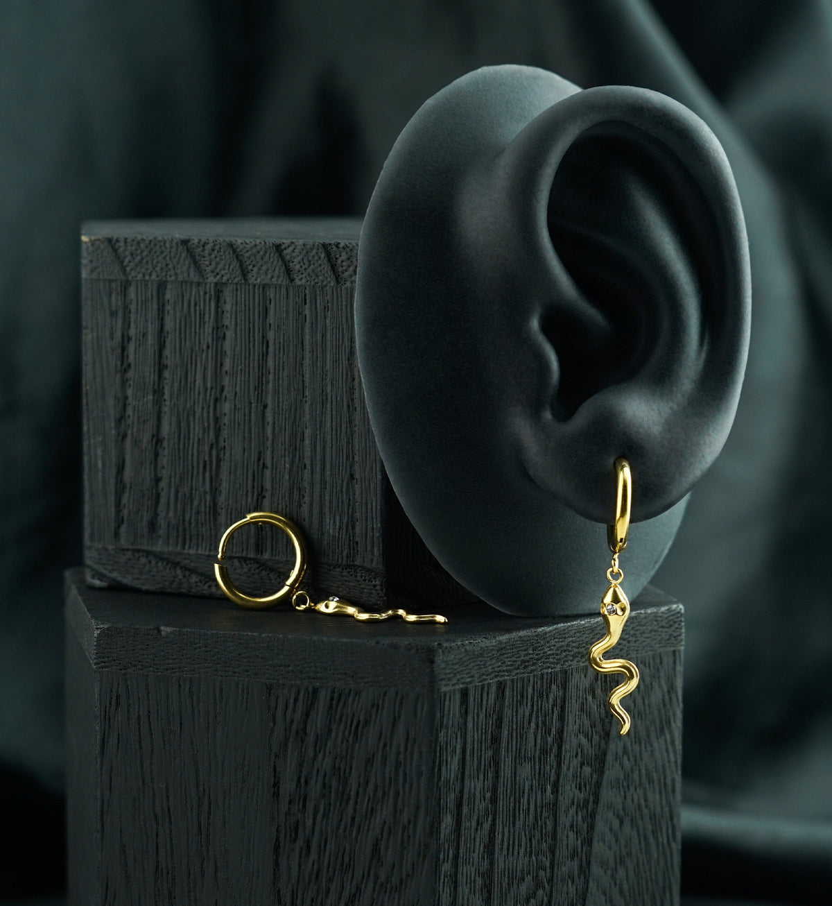 Gold PVD Snake Third-Eye CZ Dangle Stainless Steel Hinged Hoop Earrings by Urban Body Jewelry