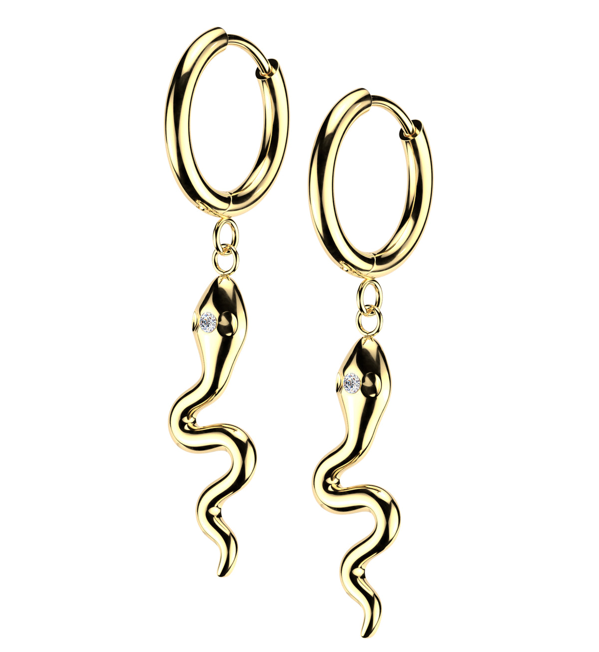 Gold PVD Snake Third-Eye CZ Dangle Stainless Steel Hinged Hoop Earrings by Urban Body Jewelry