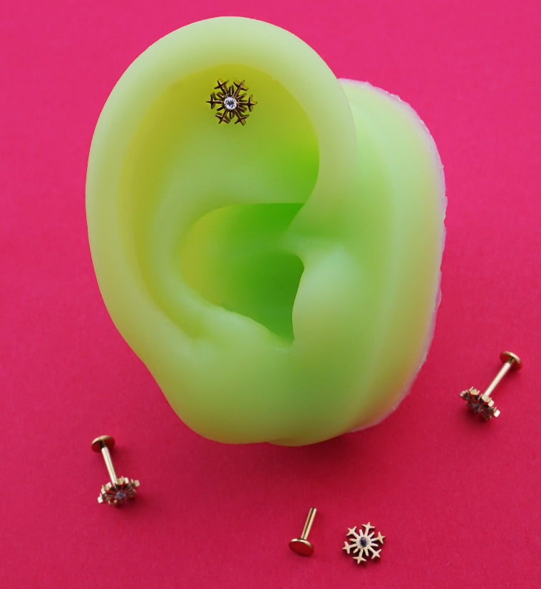 Gold PVD Snowflake Centered CZ Titanium Internally Threaded Labret