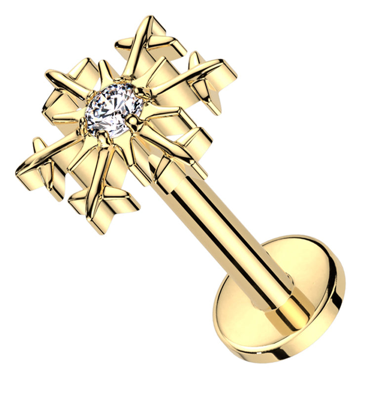 Gold PVD Snowflake Centered CZ Titanium Internally Threaded Labret