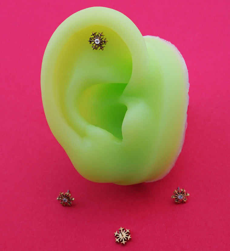 Gold PVD Snowflake Centered CZ Titanium Threadless Top