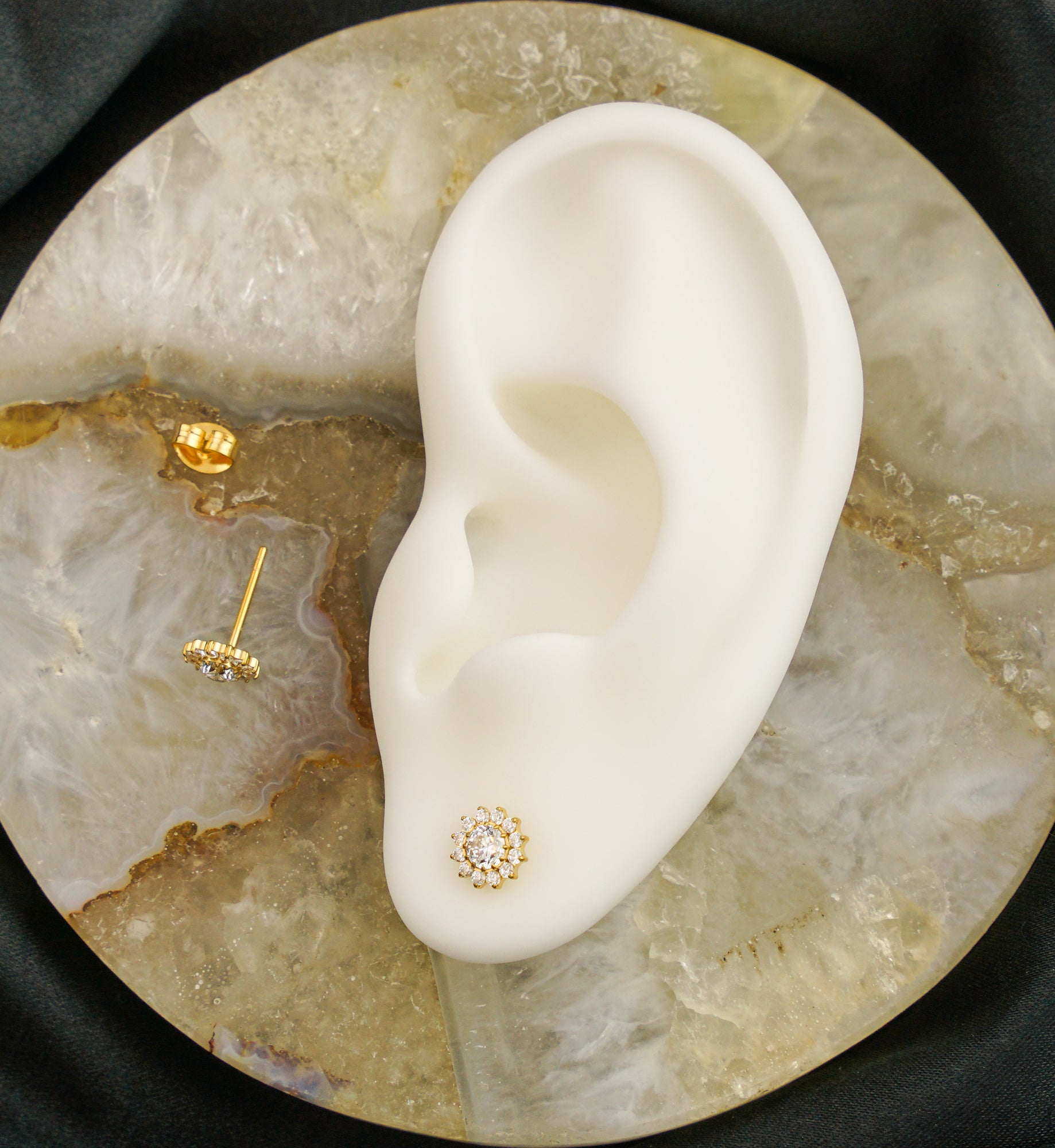 Gold PVD Spherical Flower Clear CZ Titanium Stud Earrings