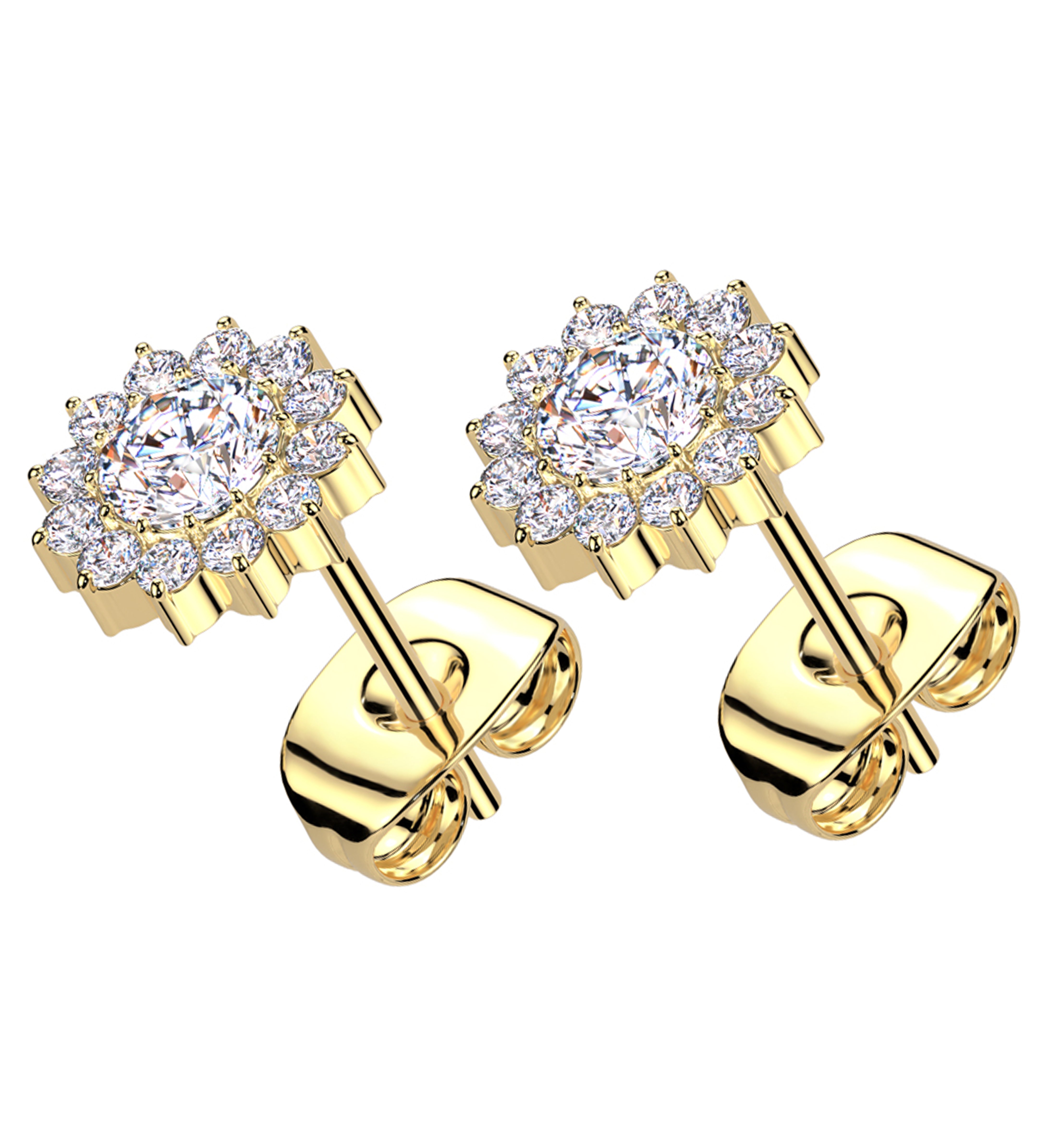 Gold PVD Spherical Flower Clear CZ Titanium Stud Earrings