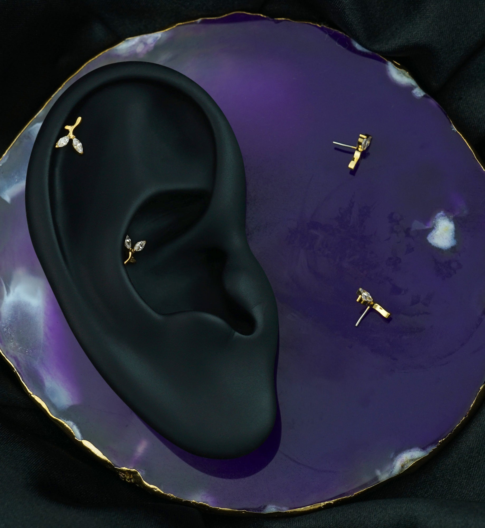 Gold PVD Sprouting Leaves Clear CZ Titanium Threadless Top