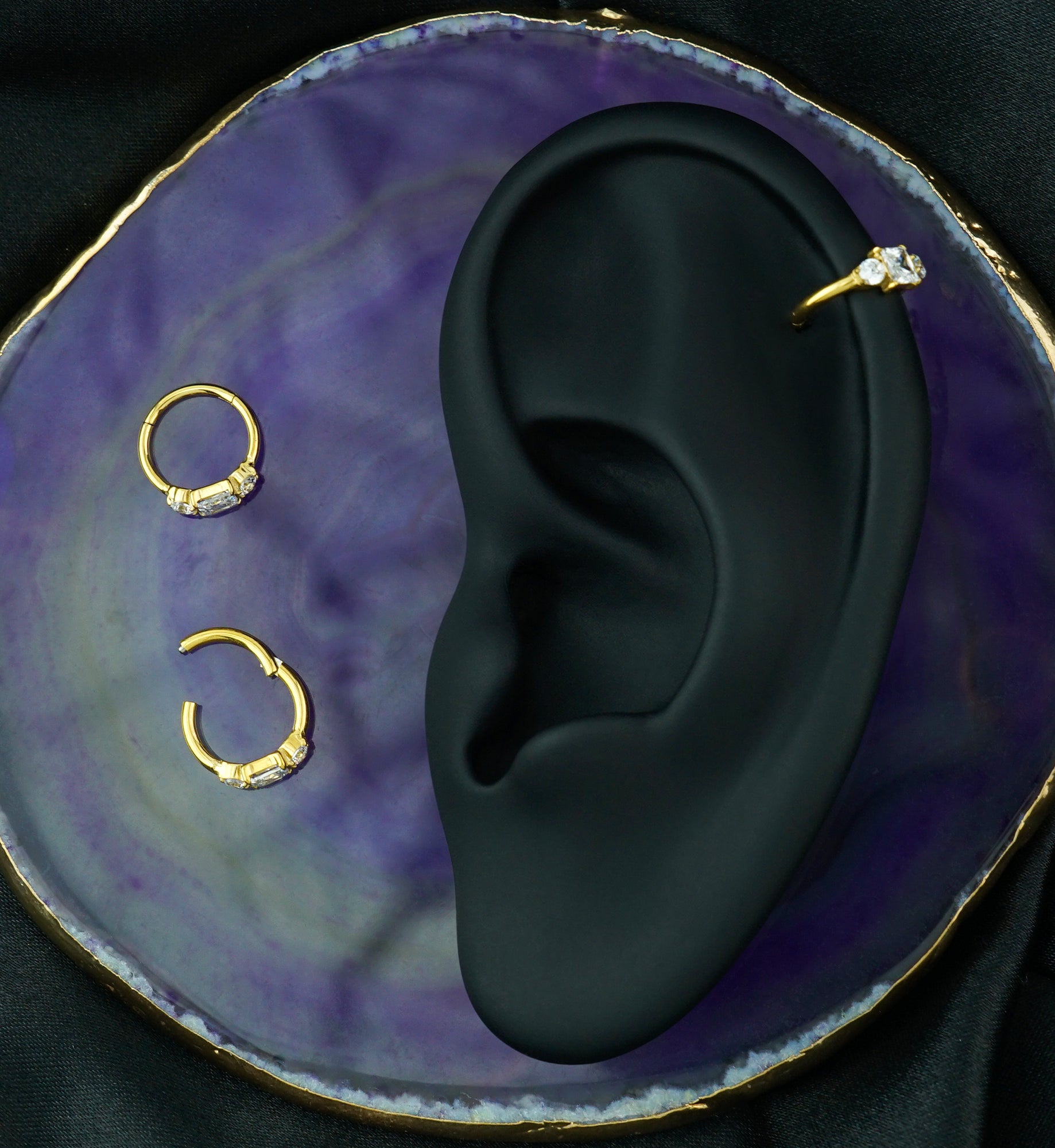 Gold PVD Square And Round Clear CZ Titanium Hinged Segment Ring