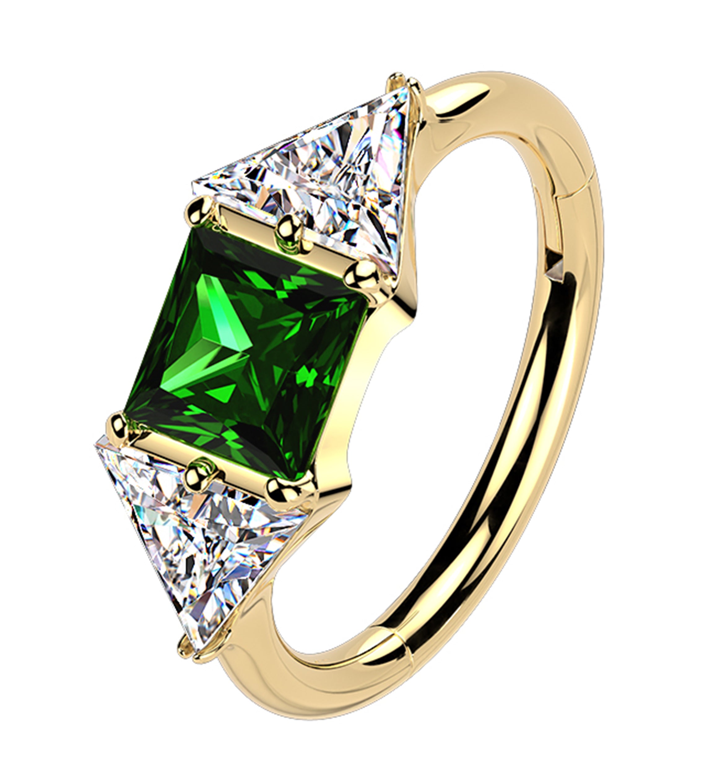 Gold PVD Square Emerald CZ Titanium Hinged Segment Ring