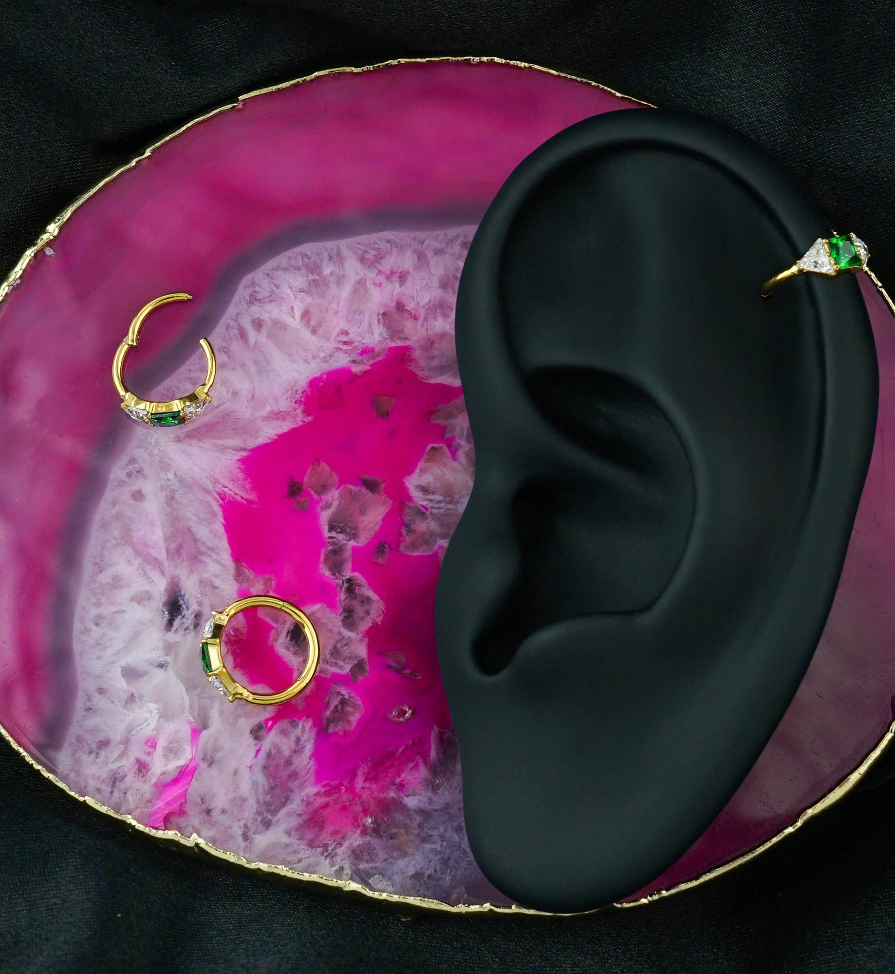 Gold PVD Square Emerald CZ Titanium Hinged Segment Ring