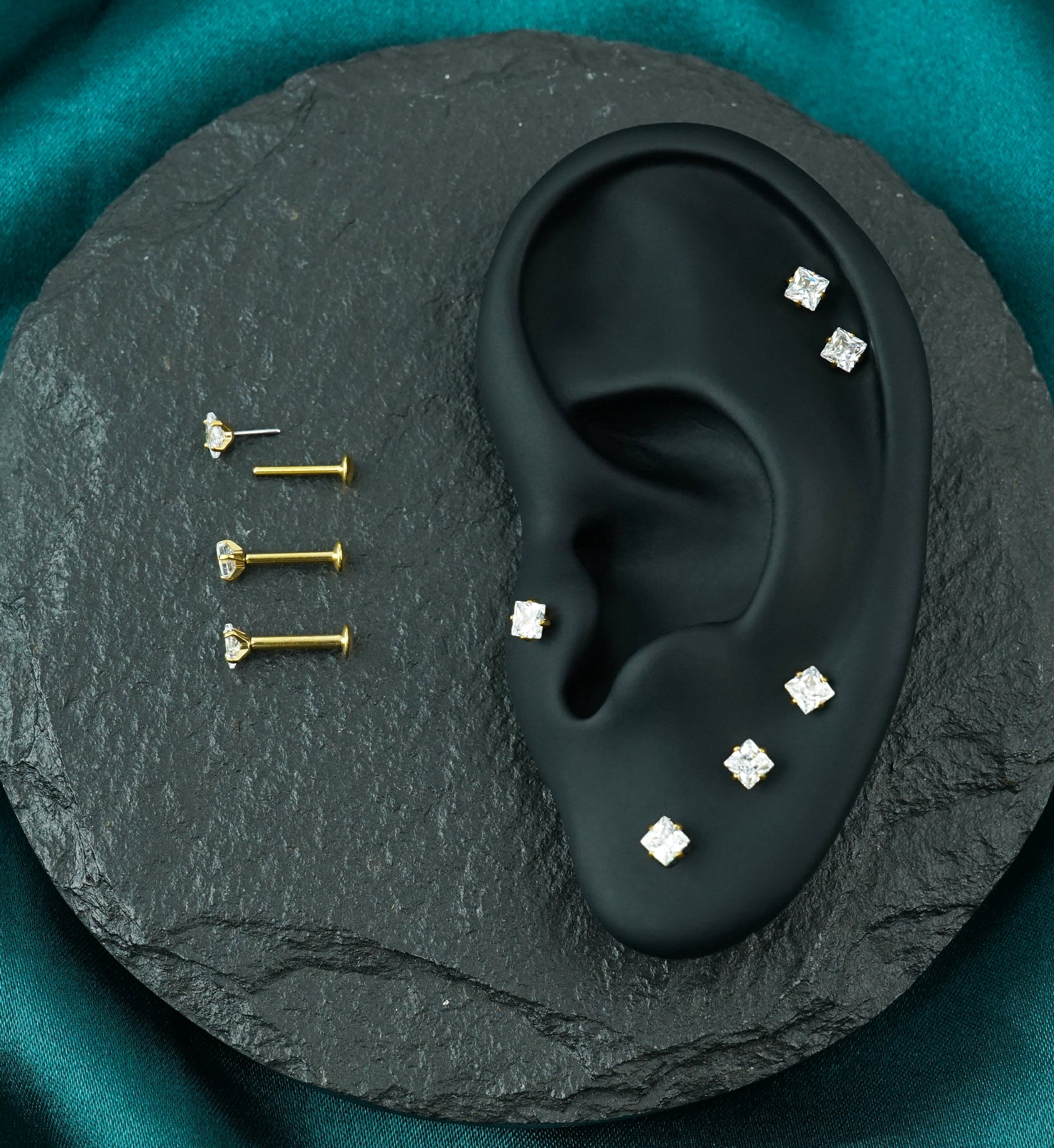 Gold PVD Square Prong Clear CZ Stainless Steel Threadless Convex Disk Labret