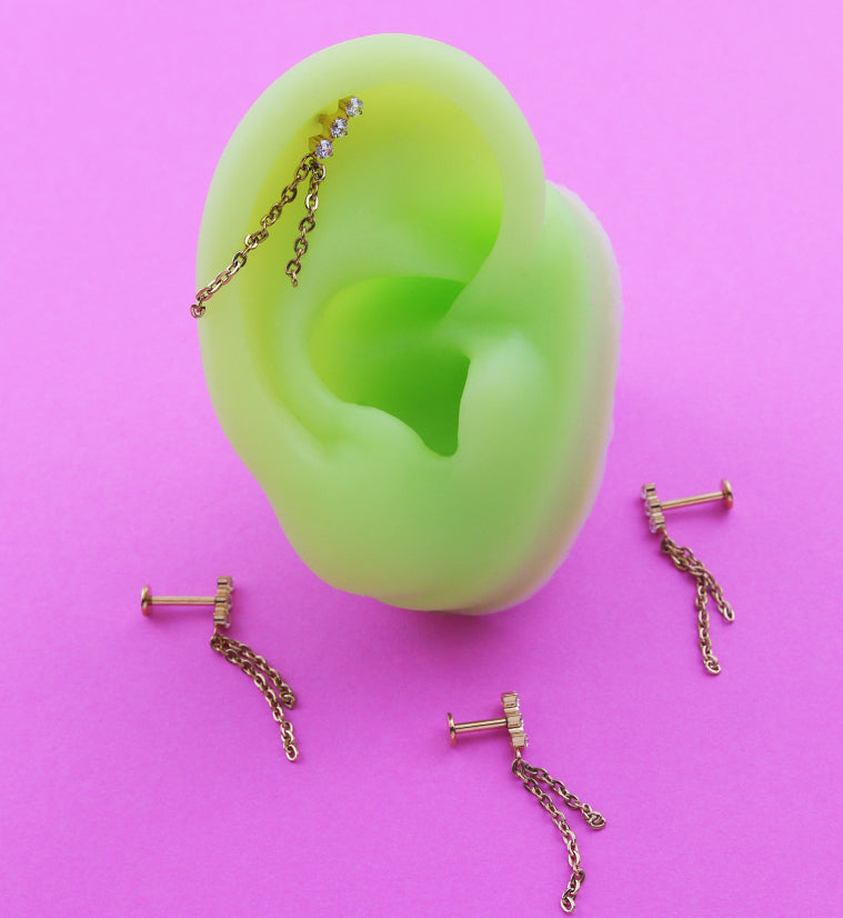 Gold PVD Stacked Triple Clear CZ Dangle Chains Titanium Internally Threaded Labret