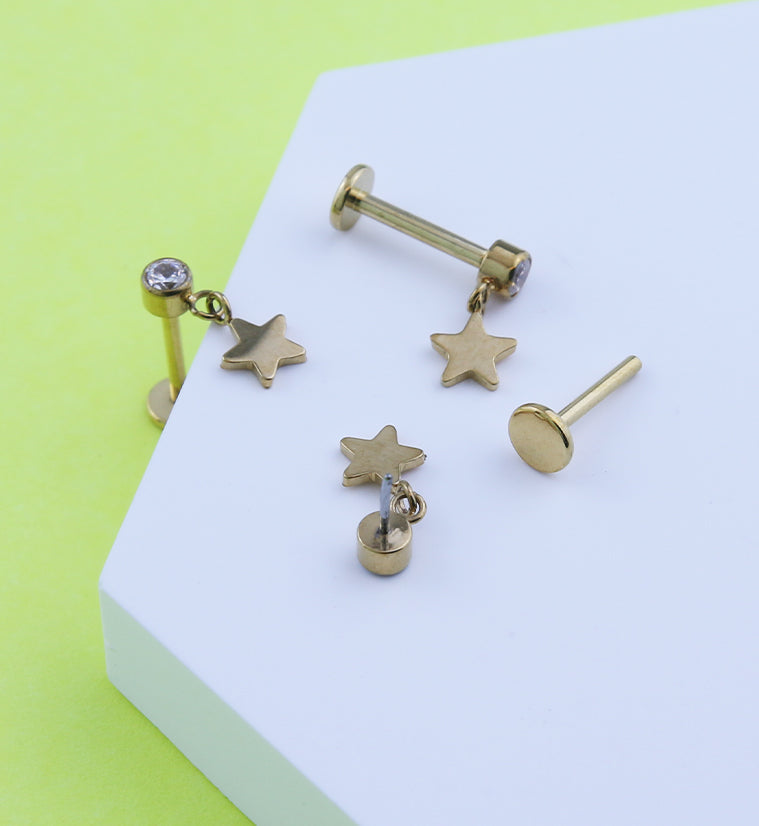 Gold PVD Star Dangle Clear CZ Titanium Threadless Labret