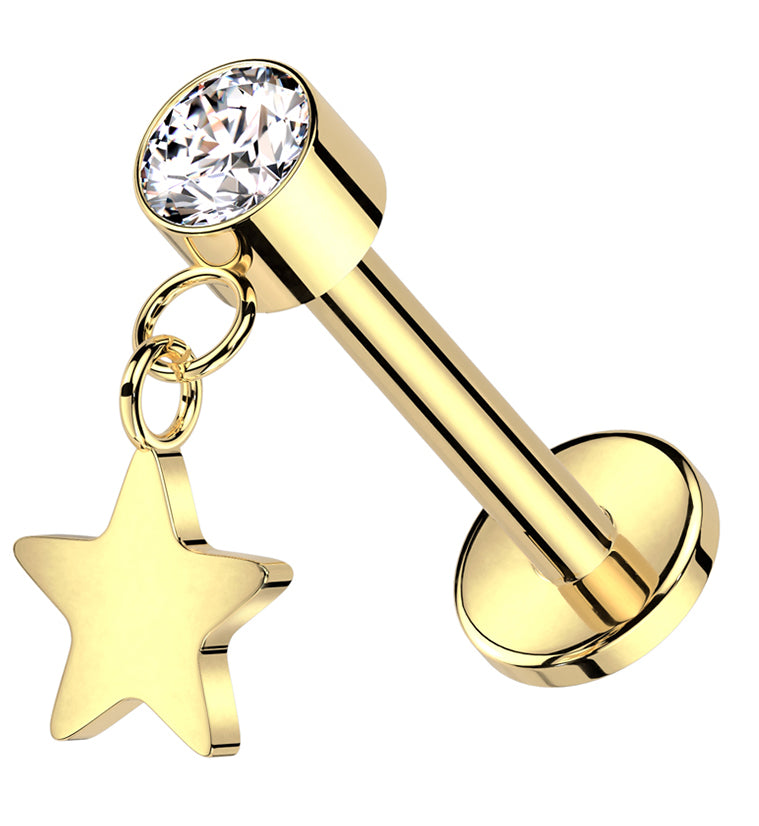 Gold PVD Star Dangle Clear CZ Titanium Threadless Labret