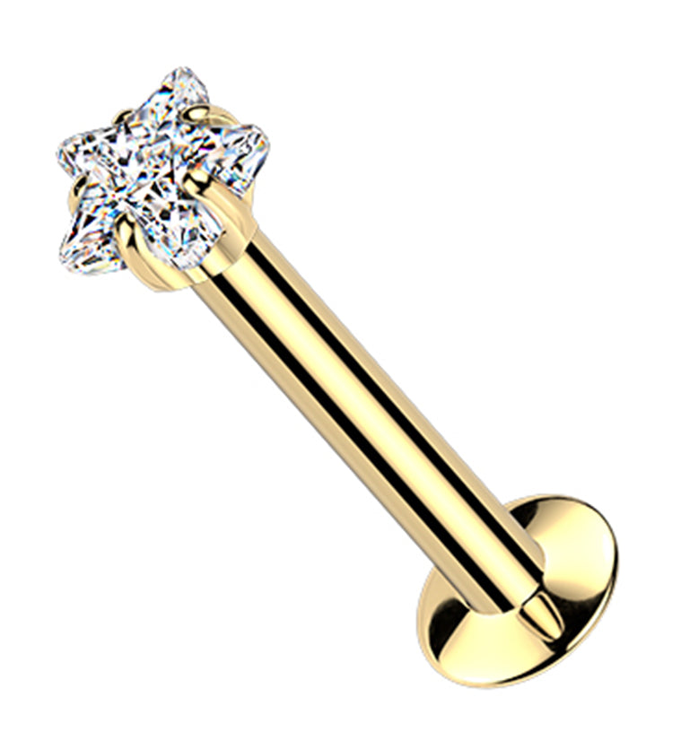 Gold PVD Star Prong Clear CZ Stainless Steel Threadless Convex Disk Labret