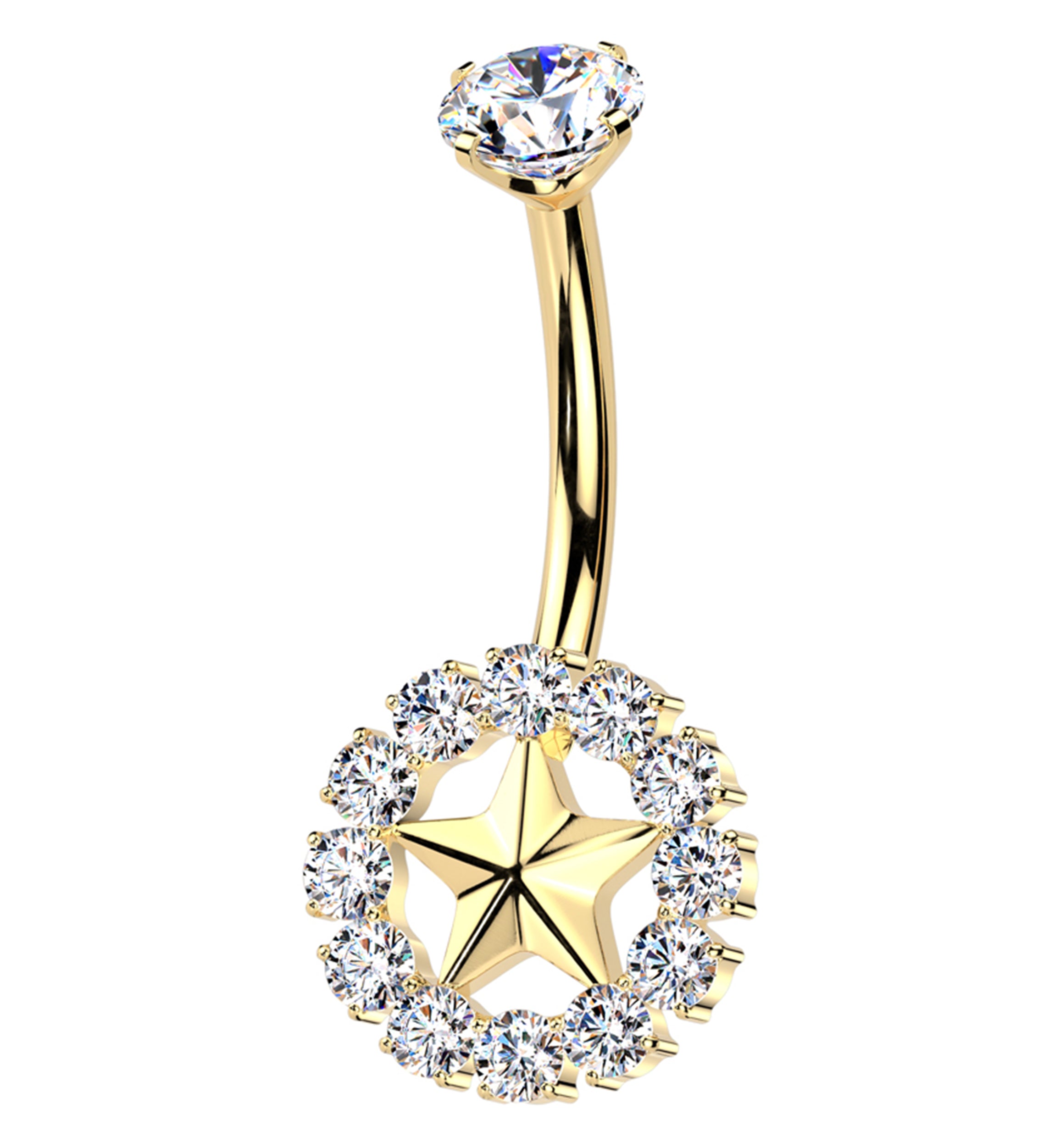 Gold PVD Star Wreath Clear CZ Titanium Internally Threaded Belly Button Ring