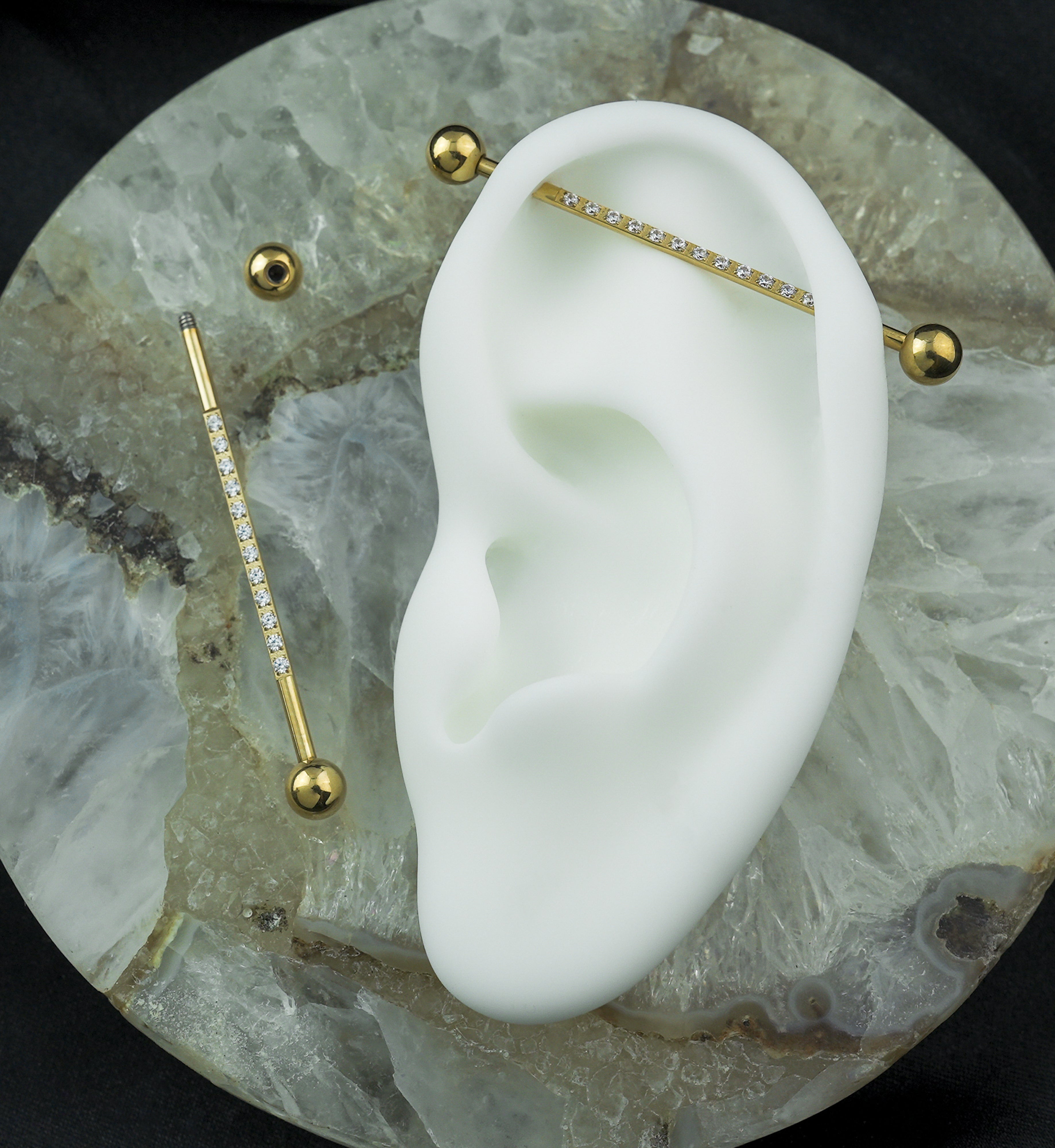 Gold PVD Stripe Clear CZ Externally Threaded Titanium Industrial Barbell