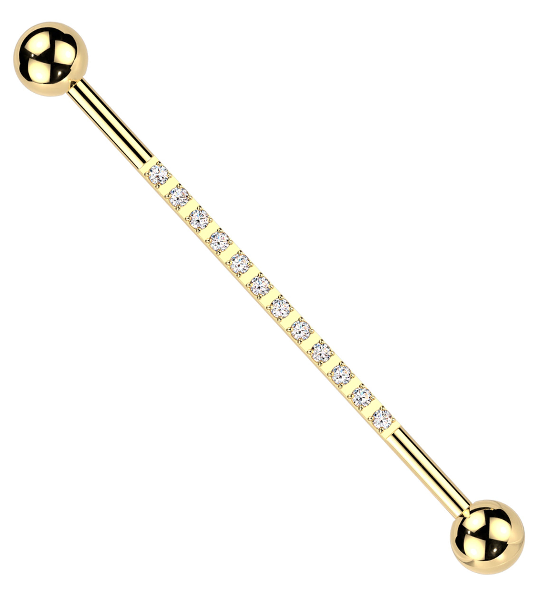 Gold PVD Stripe Clear CZ Externally Threaded Titanium Industrial Barbell