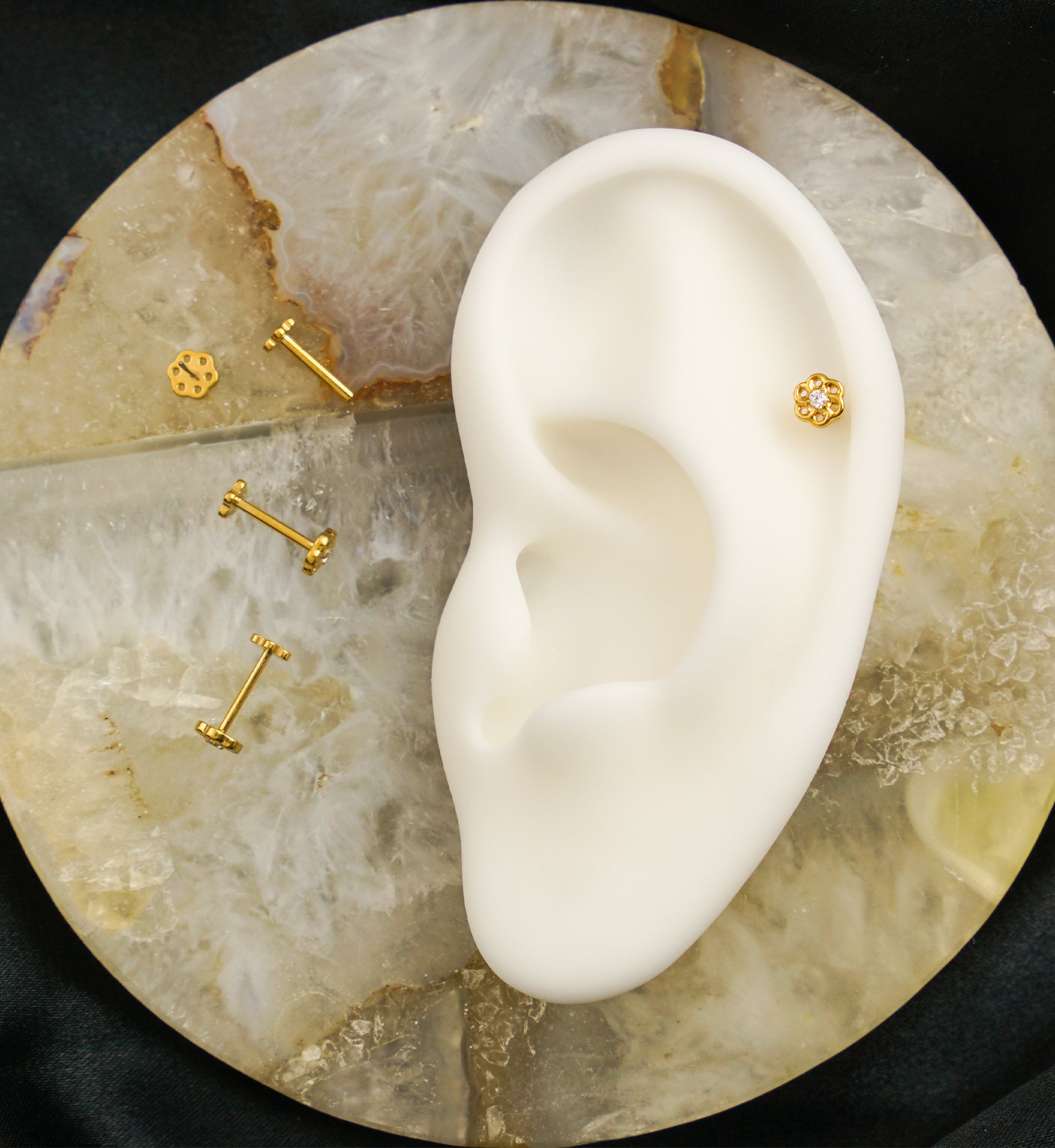 Gold PVD Swirling Flower Clear CZ Threadless Titanium Flower Back Labret