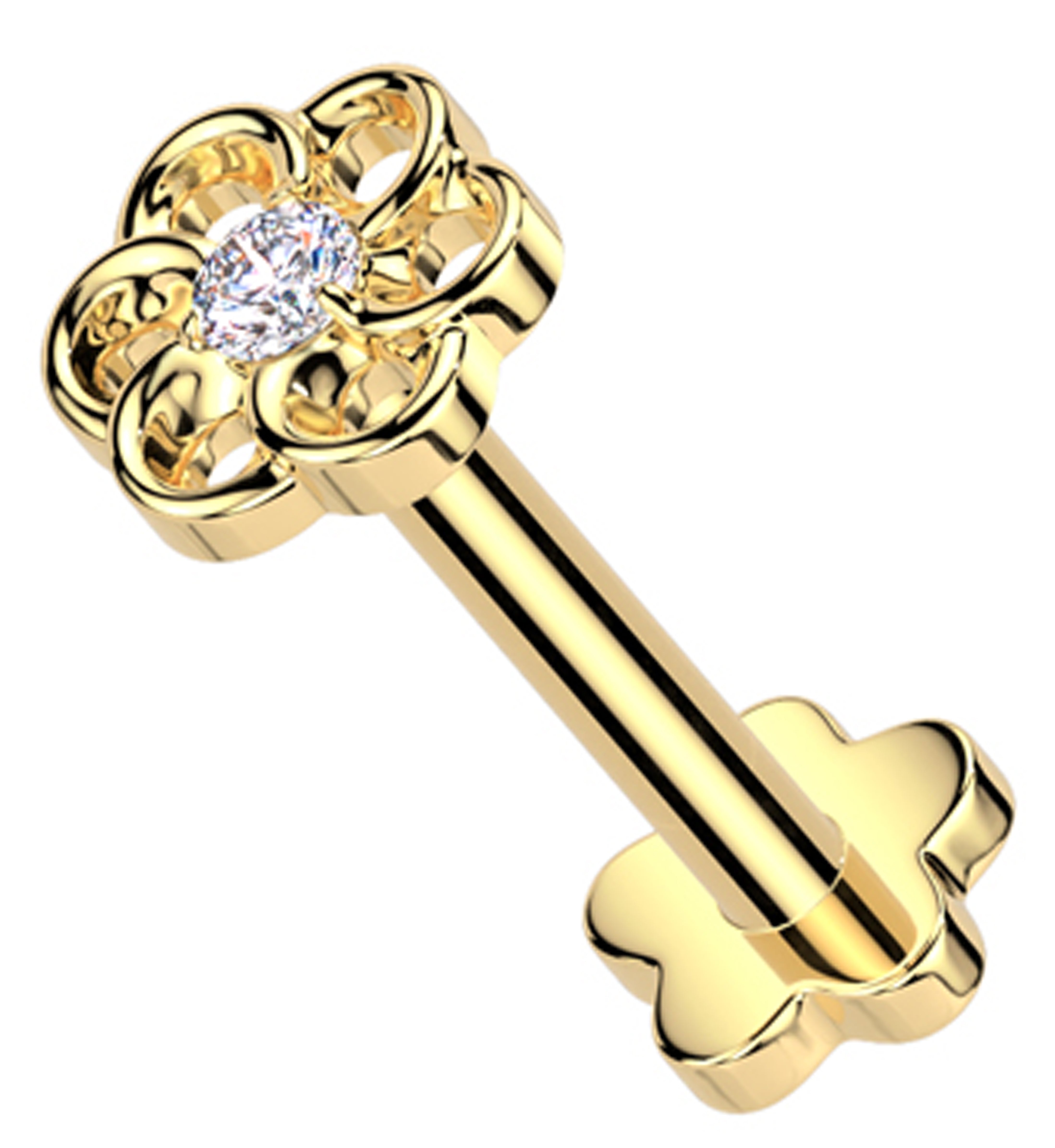 Gold PVD Swirling Flower Clear CZ Threadless Titanium Flower Back Labret