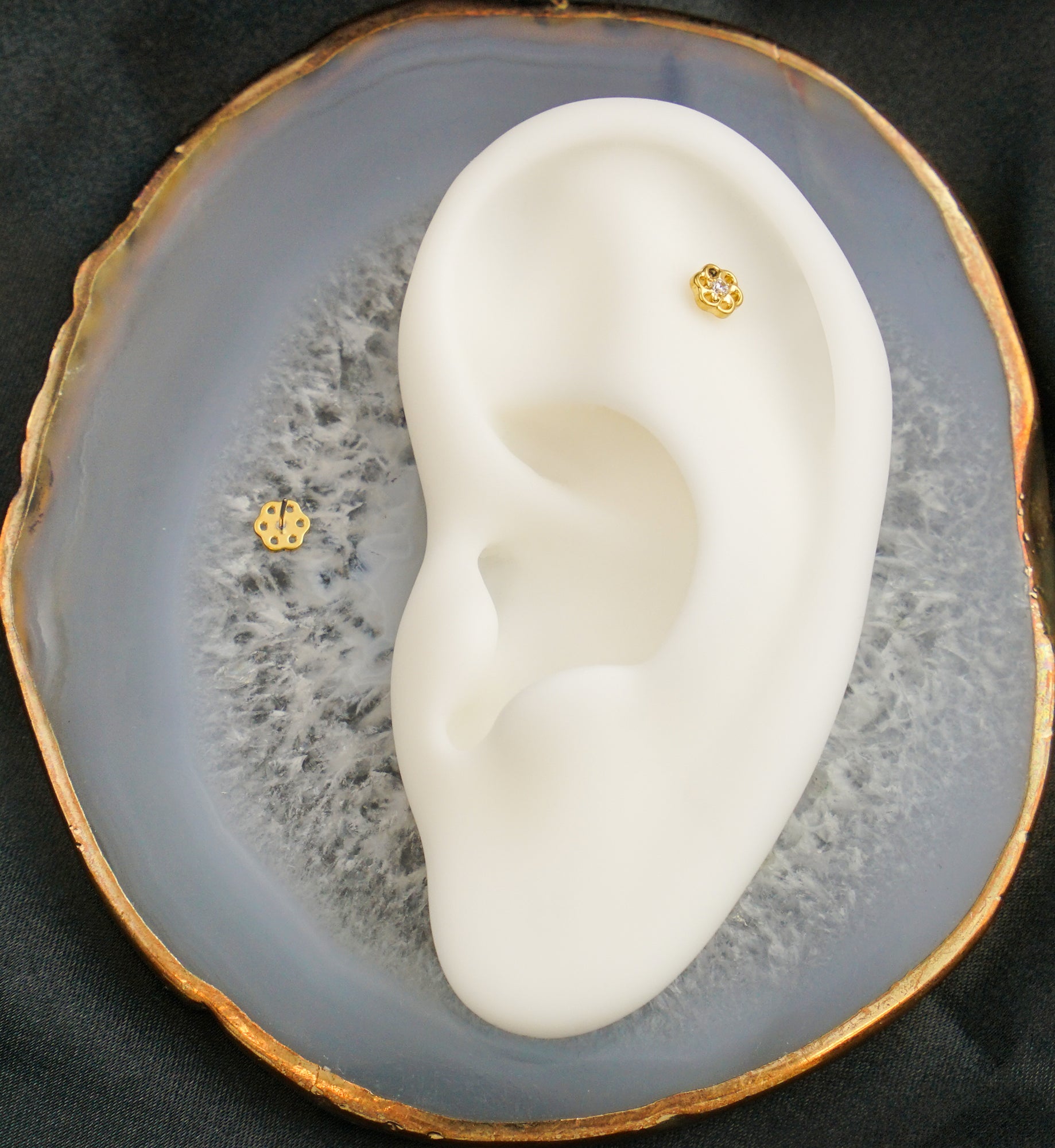 Gold PVD Swirling Flower Clear CZ Threadless Titanium Top