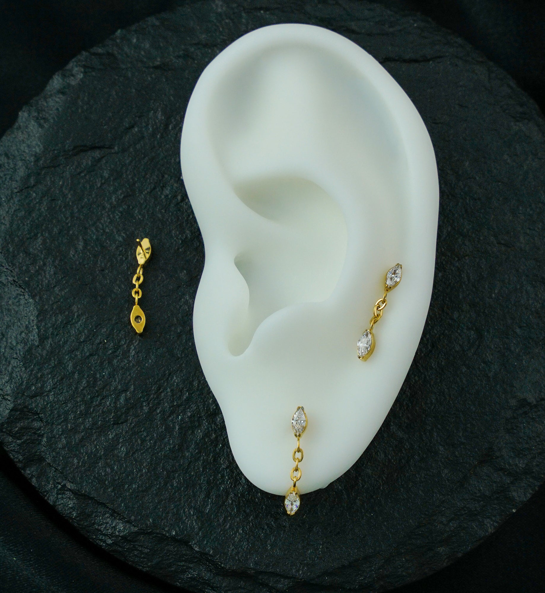 Gold PVD Teardrop Chain Link Dangle Clear CZ Titanium Threadless Top