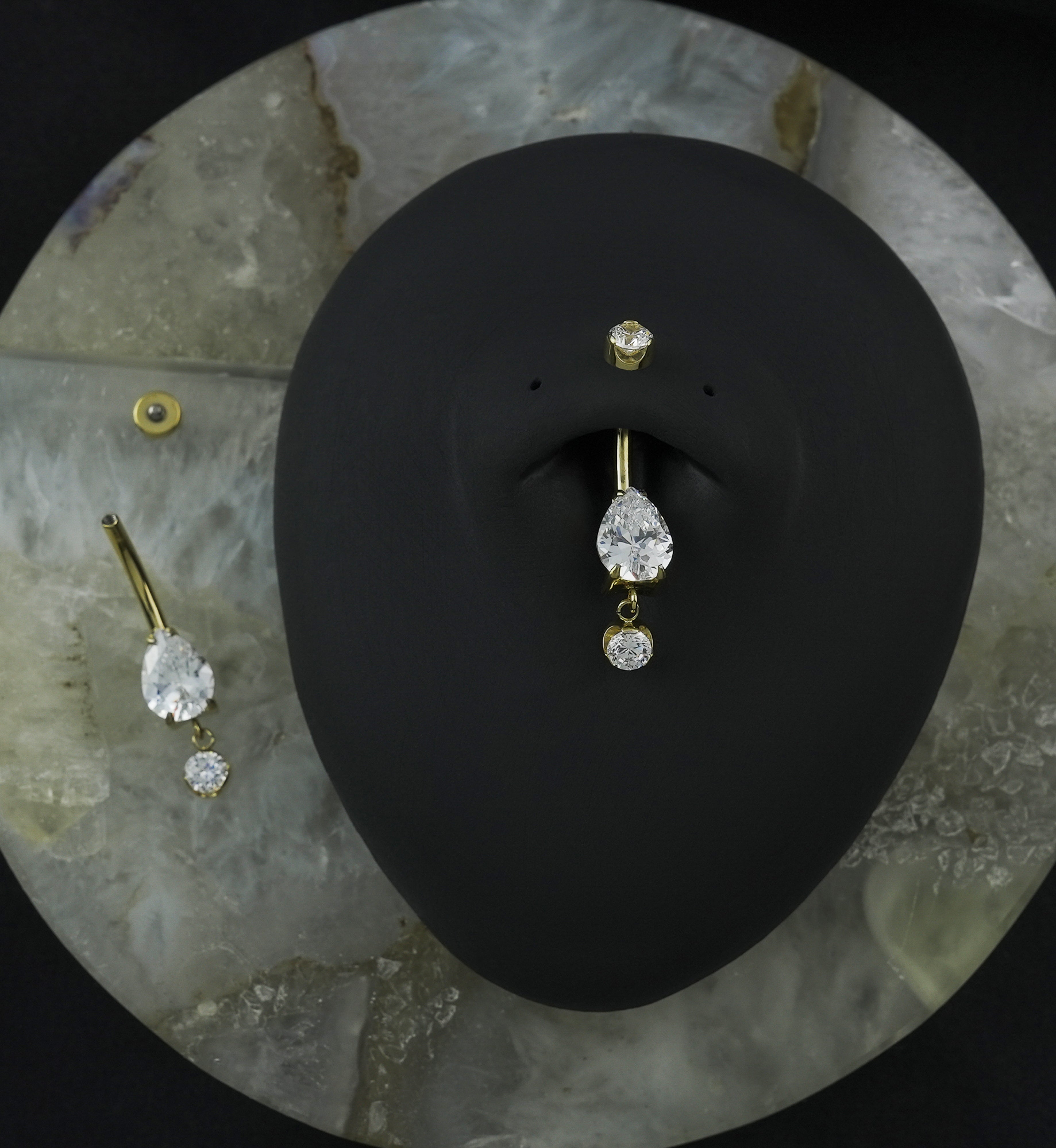 Gold PVD Teardrop Clear CZ Dangle Titanium Internally Threaded Belly Button Ring