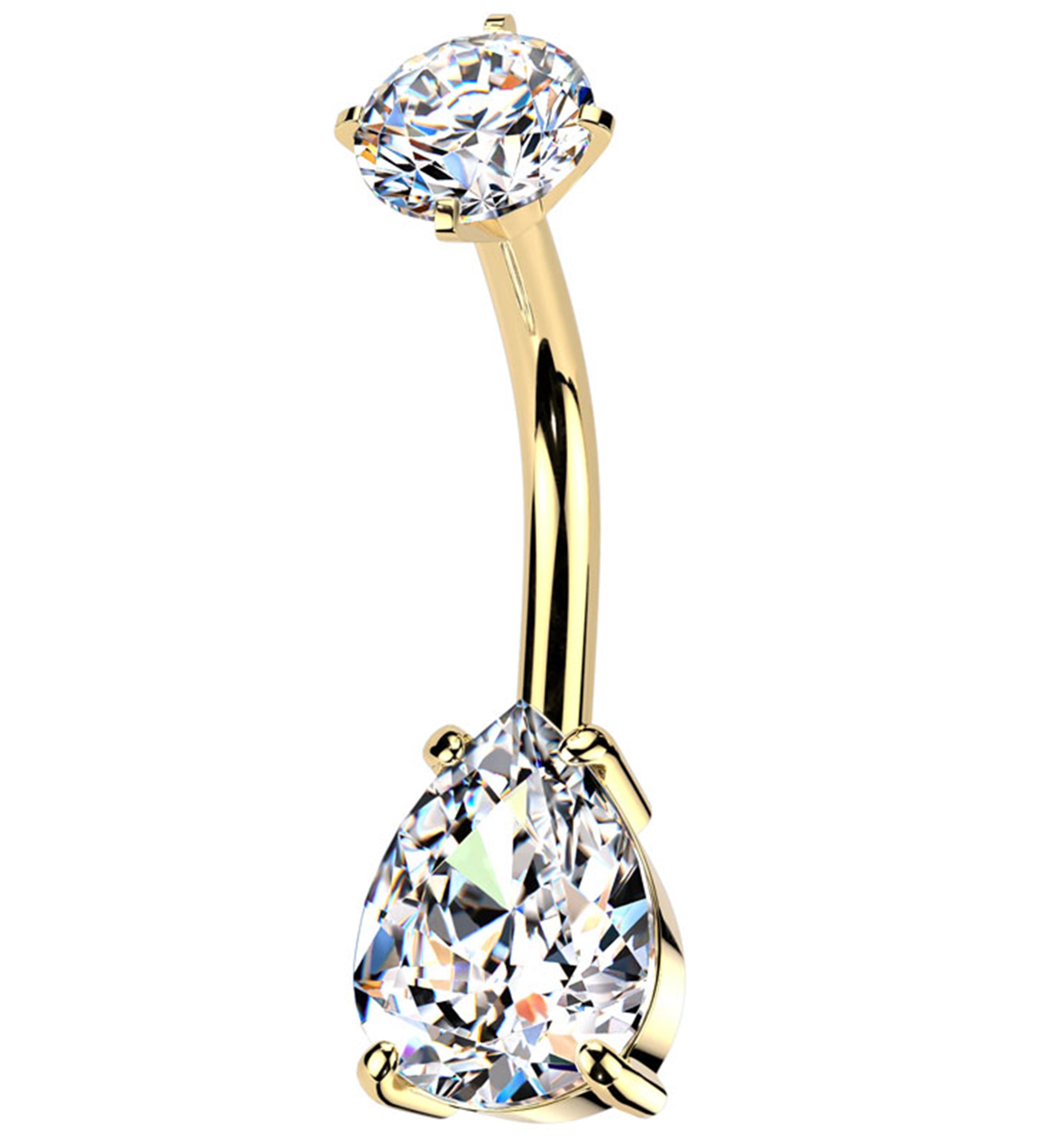 Gold PVD Teardrop Clear CZ Internally Threaded Stainless Steel Belly Button Ring