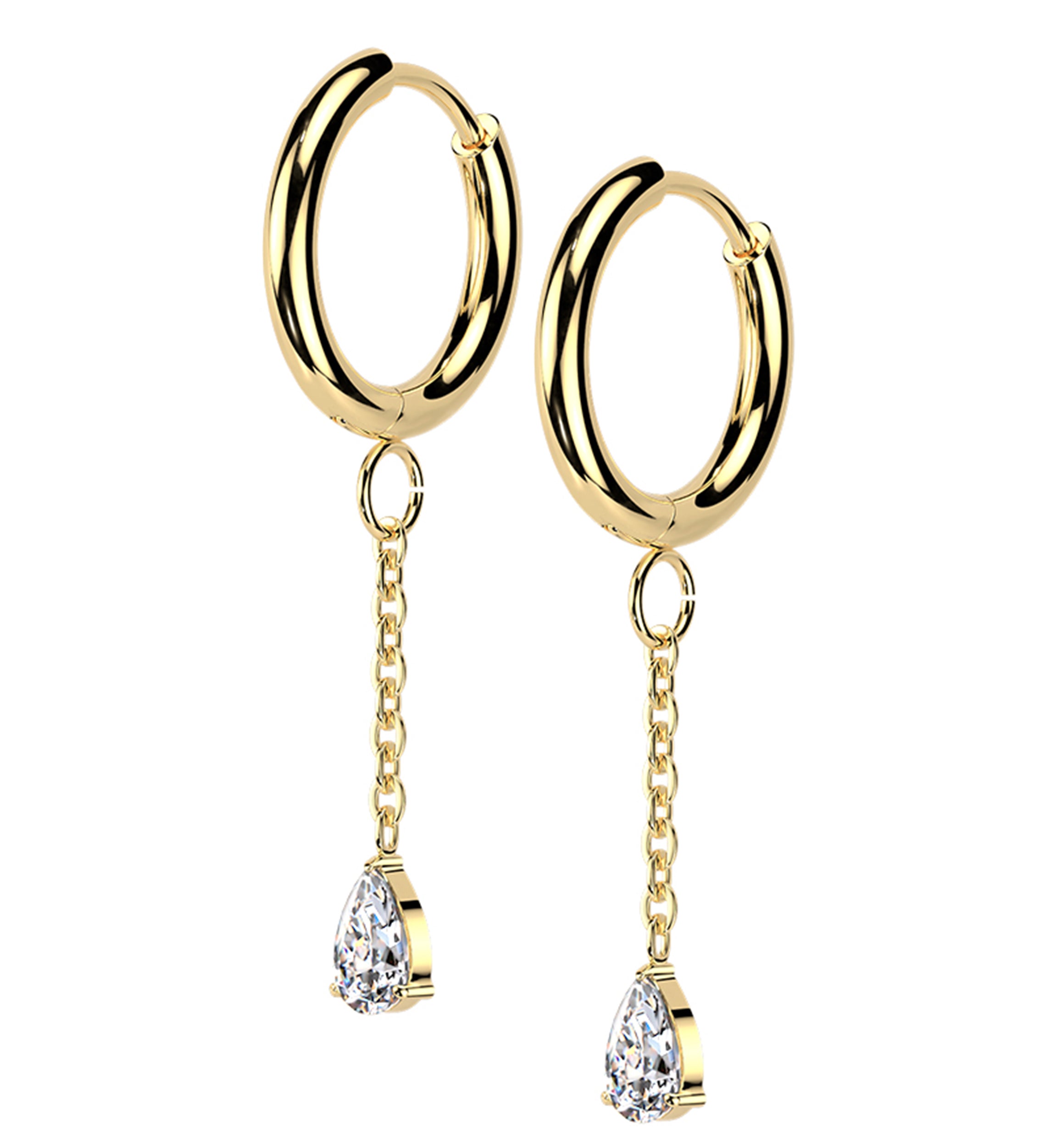 Gold PVD Teardrop CZ Dangle Stainless Steel Hinged Hoop Huggie Earrings