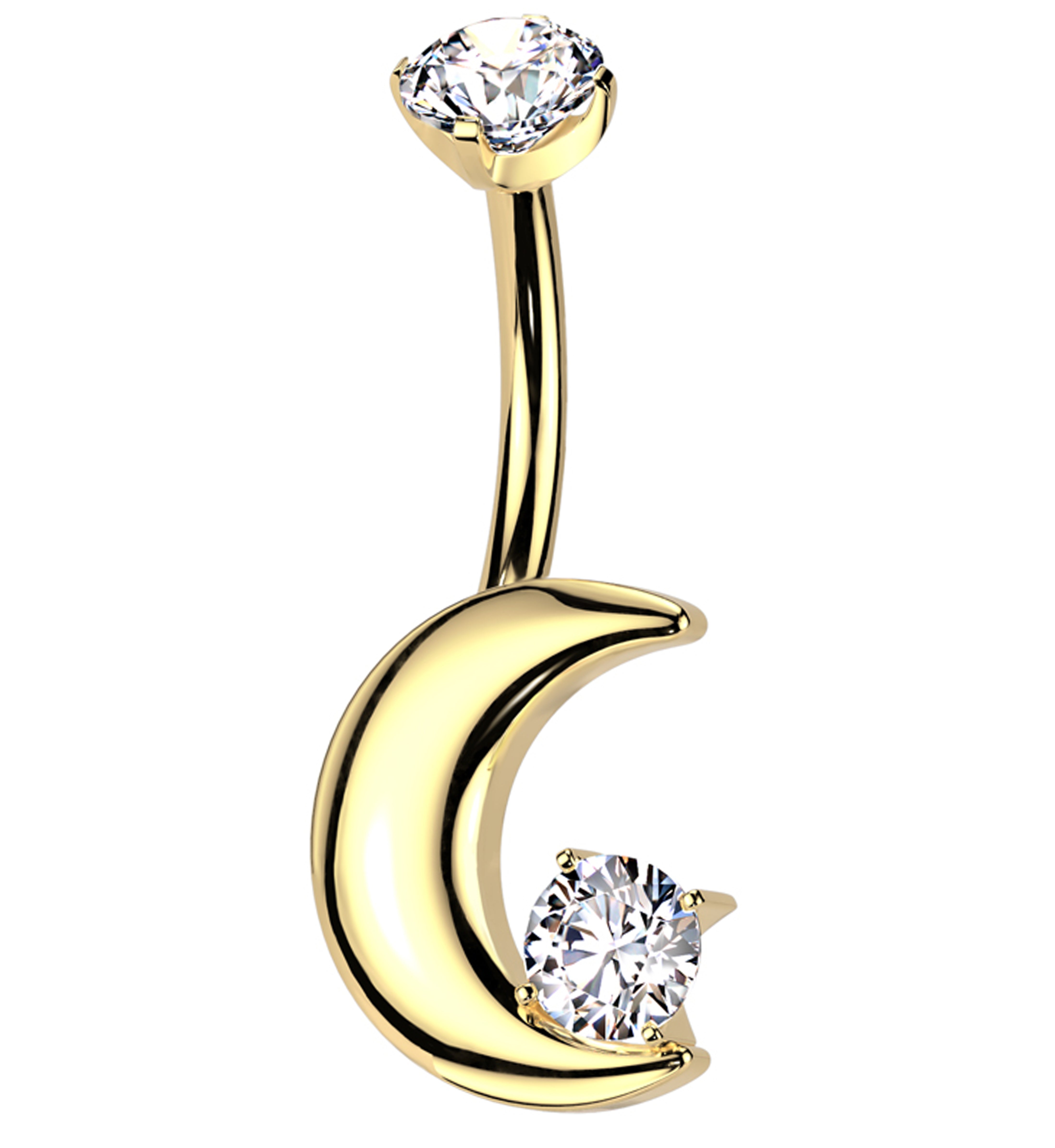 Gold PVD Thick Crescent Clear CZ Titanium Internally Threaded Belly Button Ring
