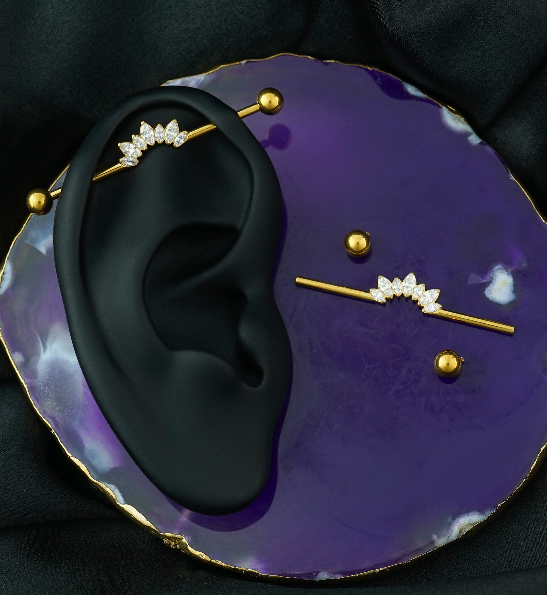 Gold PVD Tiara Clear CZ Internally Threaded Titanium Industrial Barbell