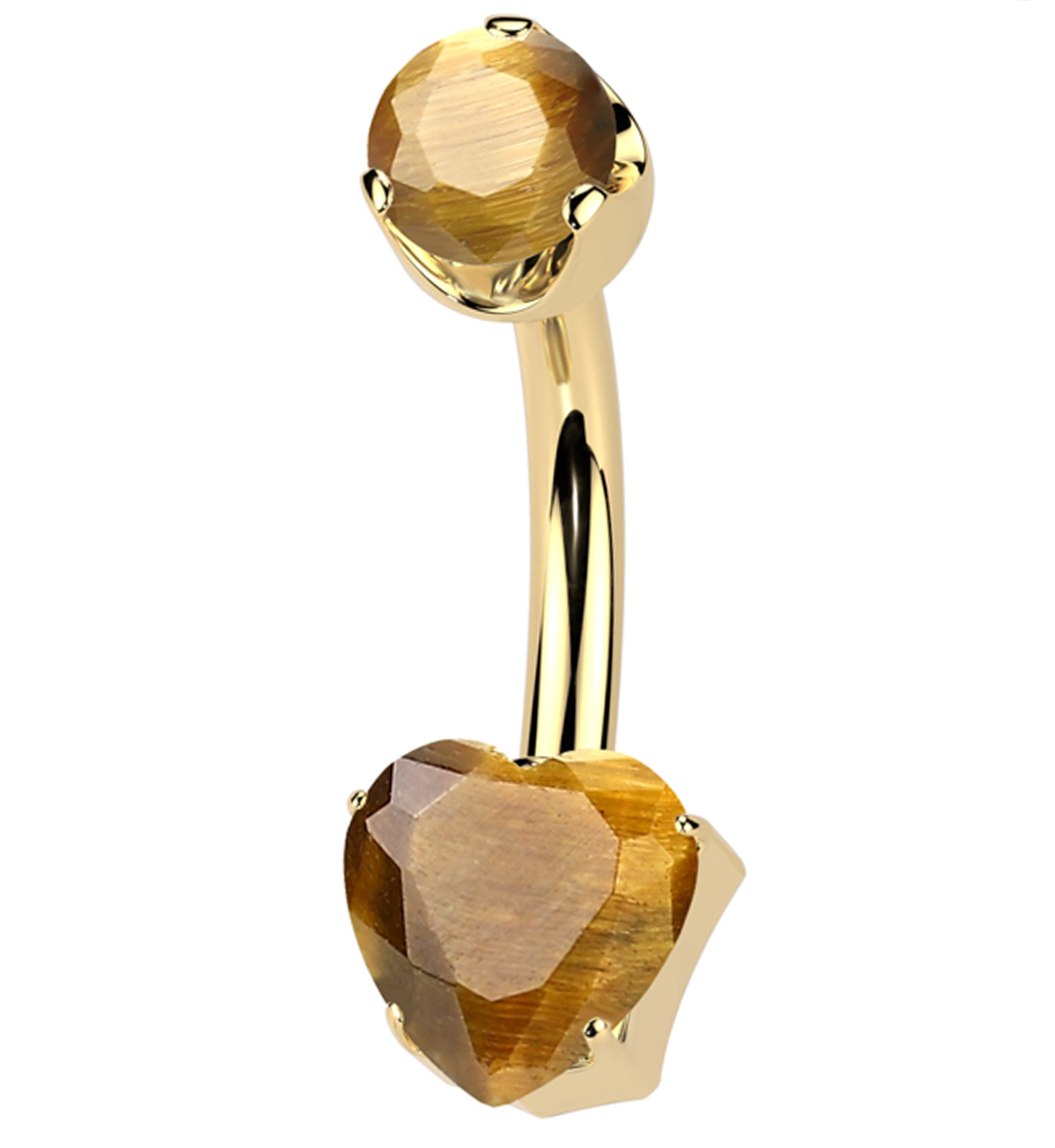 Gold PVD Tiger Eye Stone Heart Internally Threaded Titanium Belly Button Ring