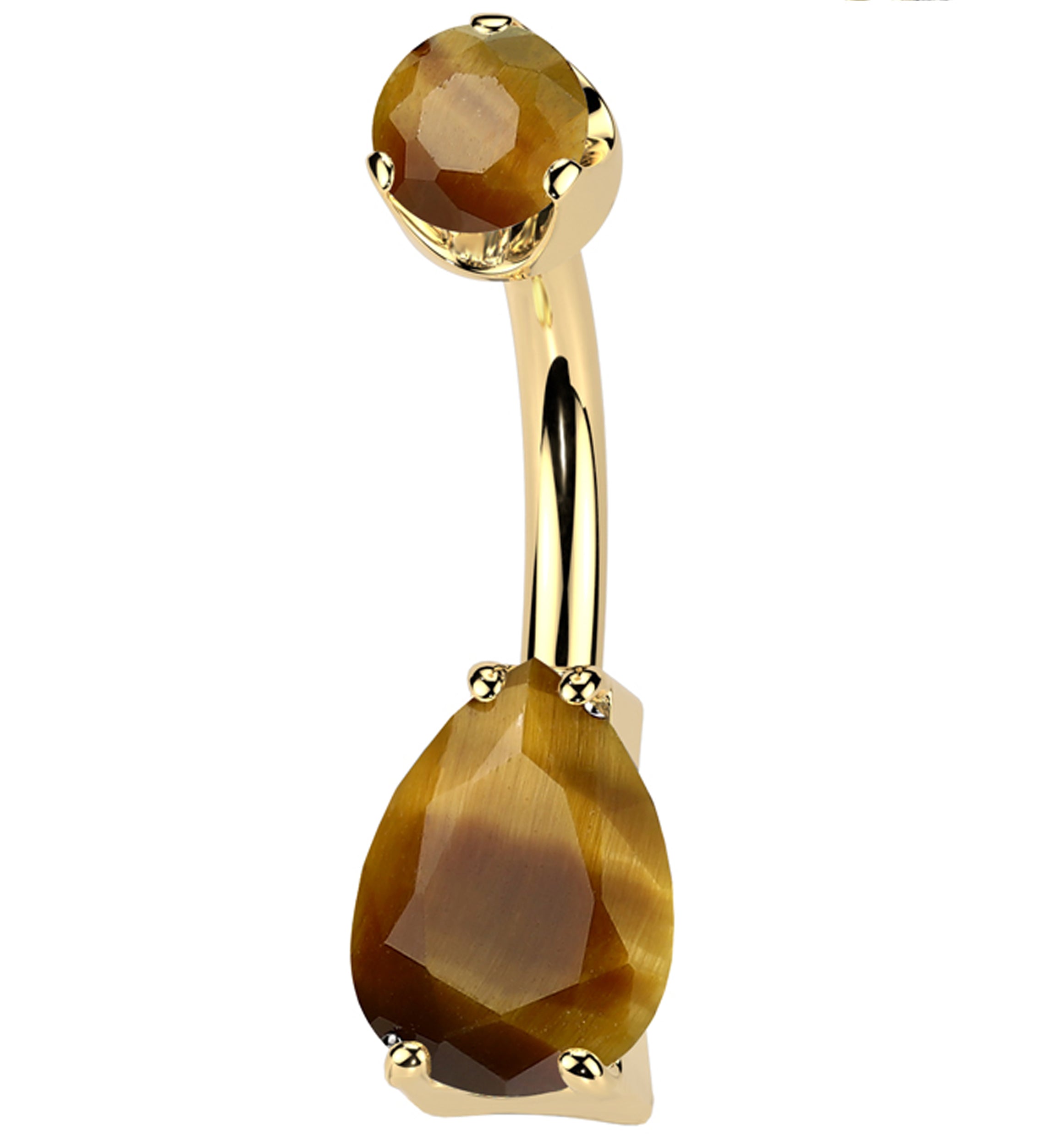 Gold PVD Tiger Eye Teardrop Internally Threaded Titanium Belly Button Ring