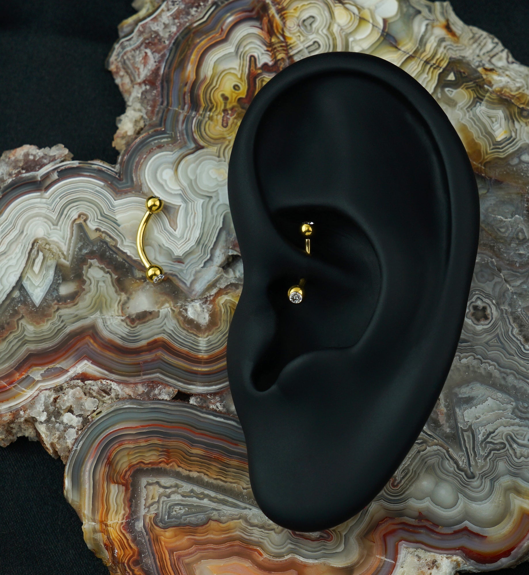 Gold PVD Titanium Double CZ Curved Barbell (External Threading)