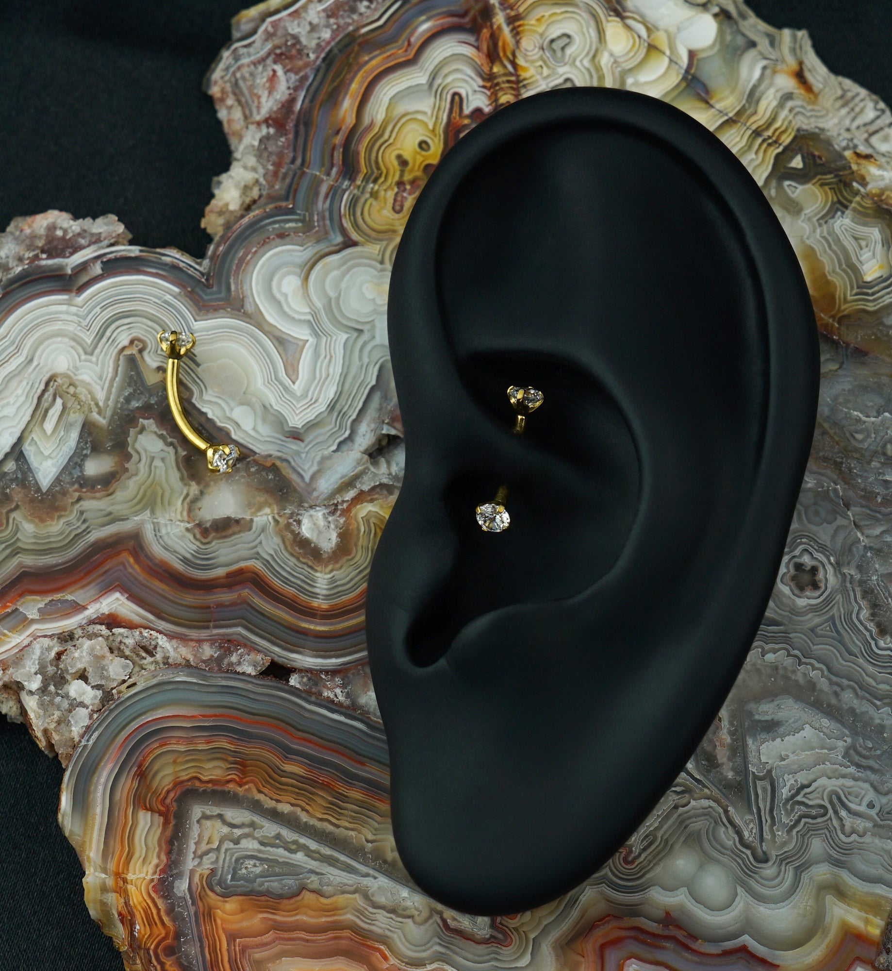 Gold PVD Titanium Double Prong CZ Curved Barbell