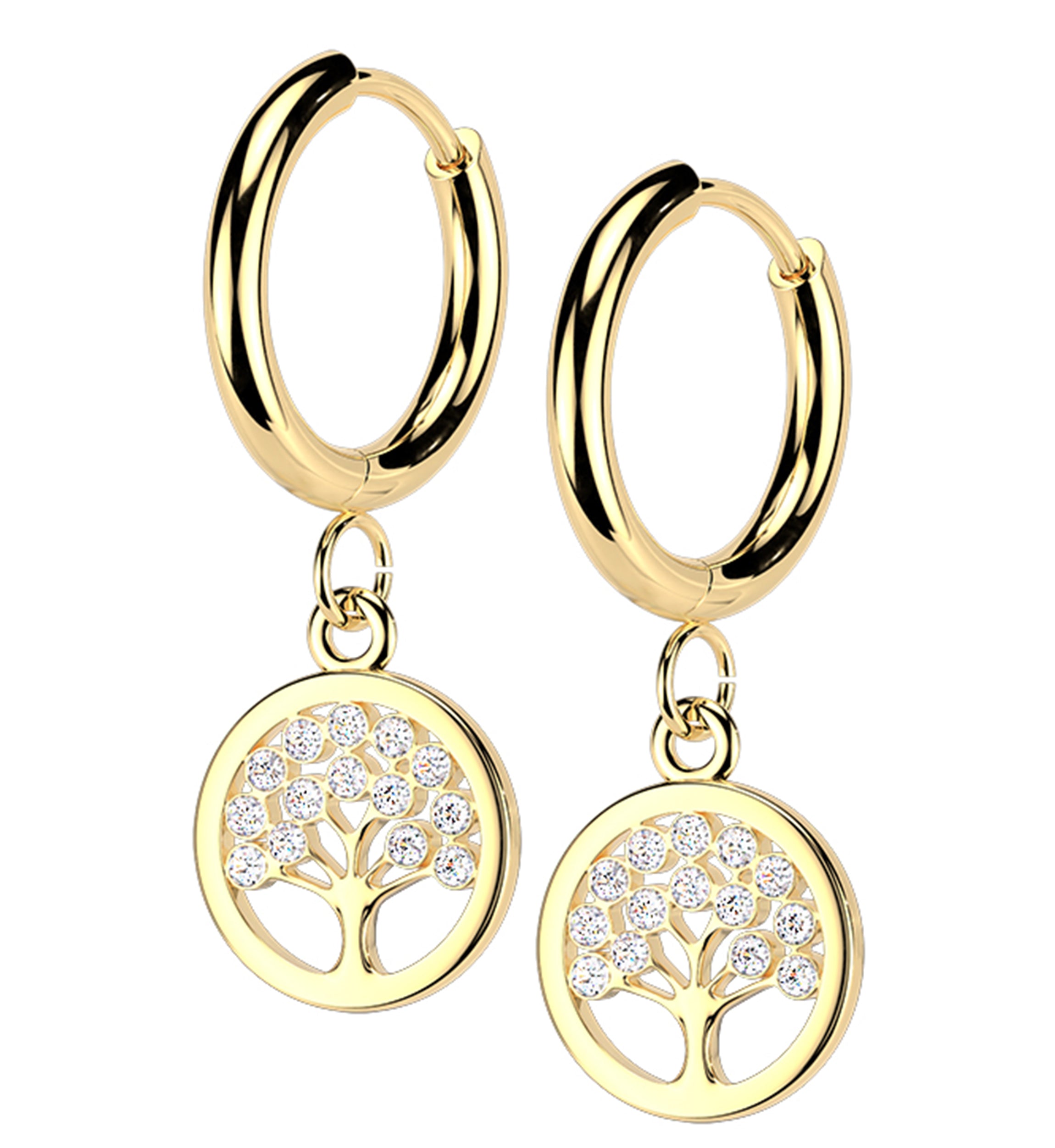 Gold PVD Tree of Life Clear CZ Stainless Steel Hinged Hoop Huggie Dangle Earrings