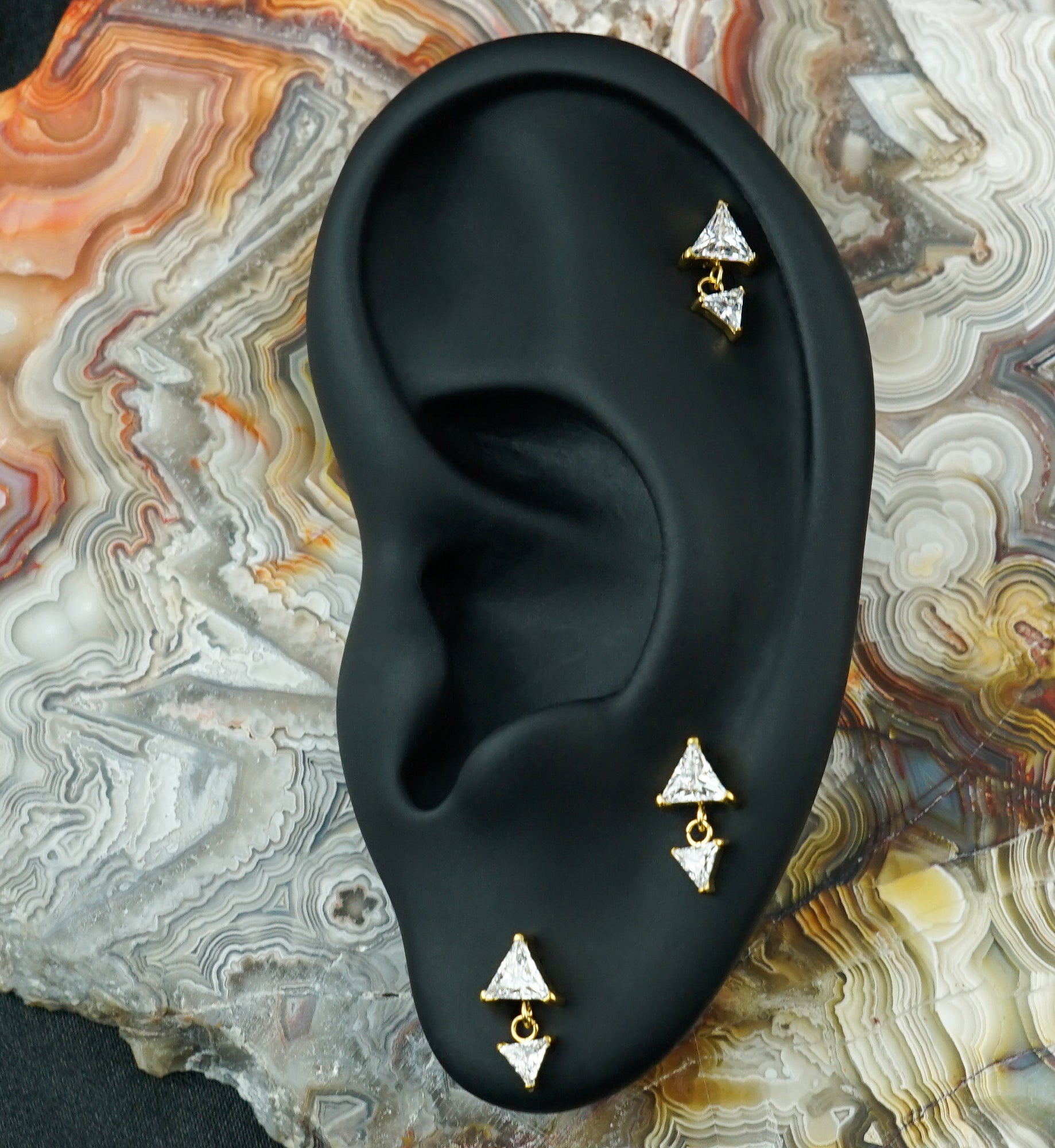 Gold PVD Triangle Dangle CZ Titanium Threadless Top