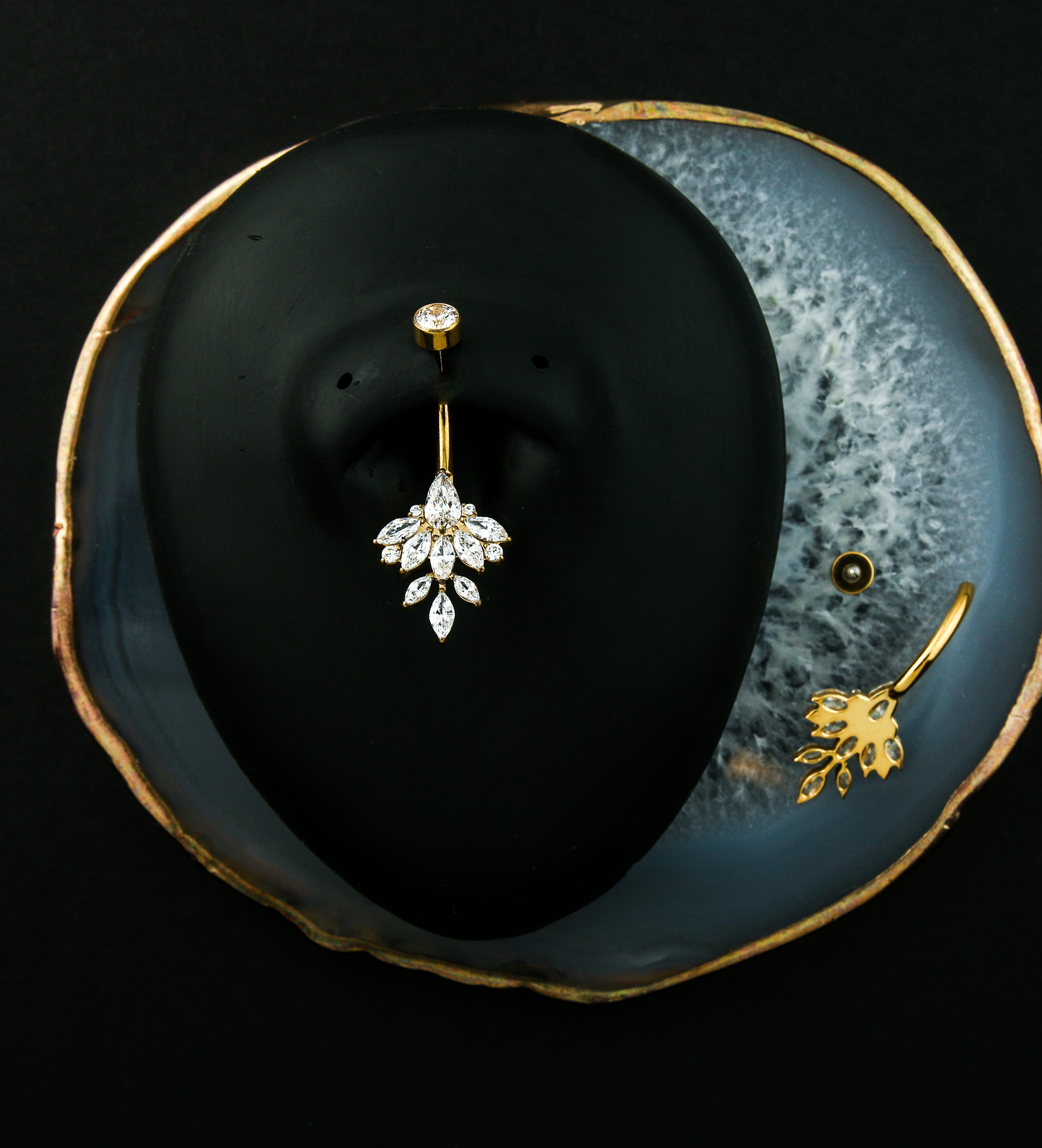 Gold PVD Triangle Marquise Leaf Clear CZ Internally Threaded Titanium Belly Button Ring