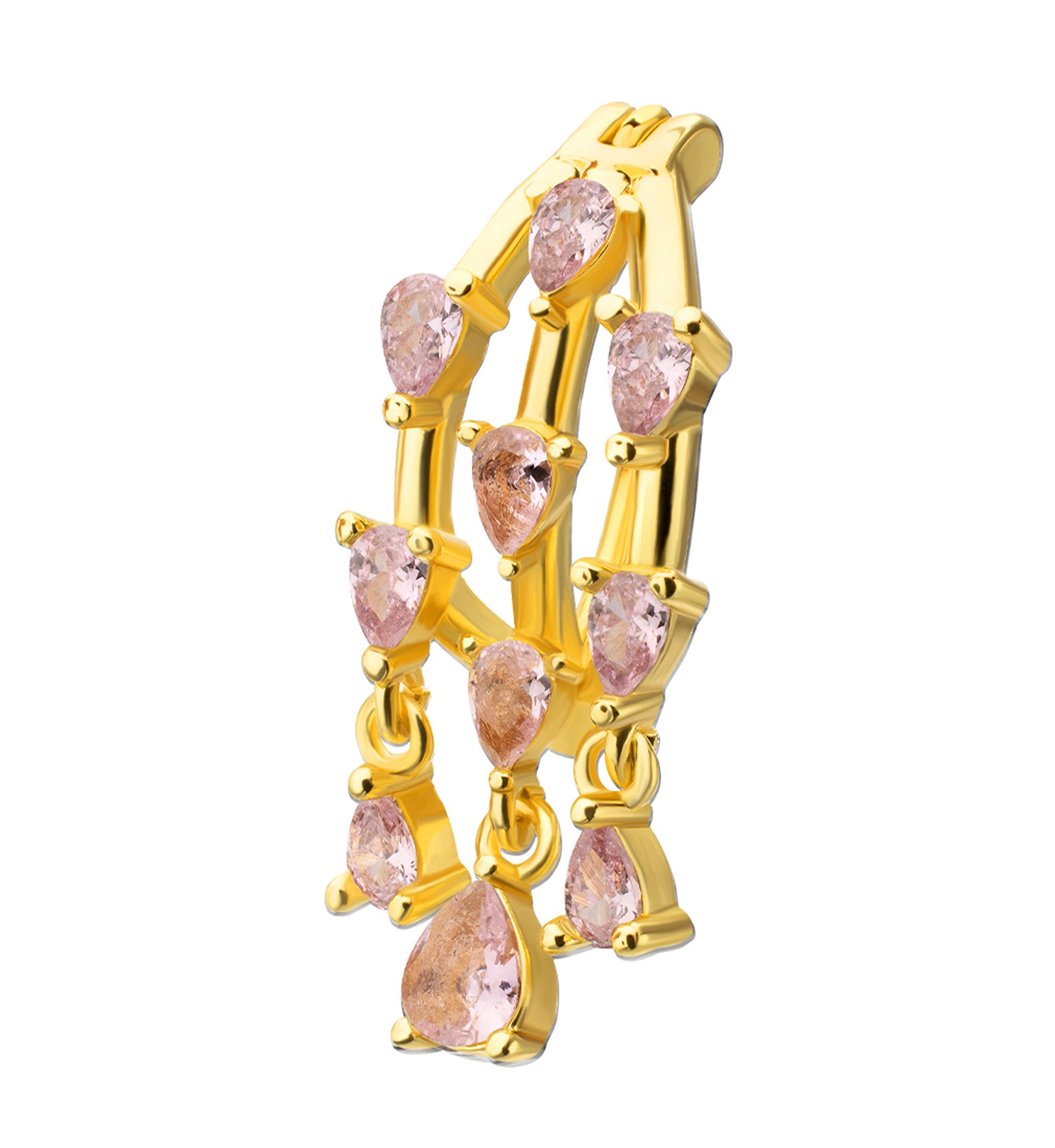 Gold PVD Triple Bar Teardrops Pink CZ Dangle Stainless Steel Hinged Belly Button Ring