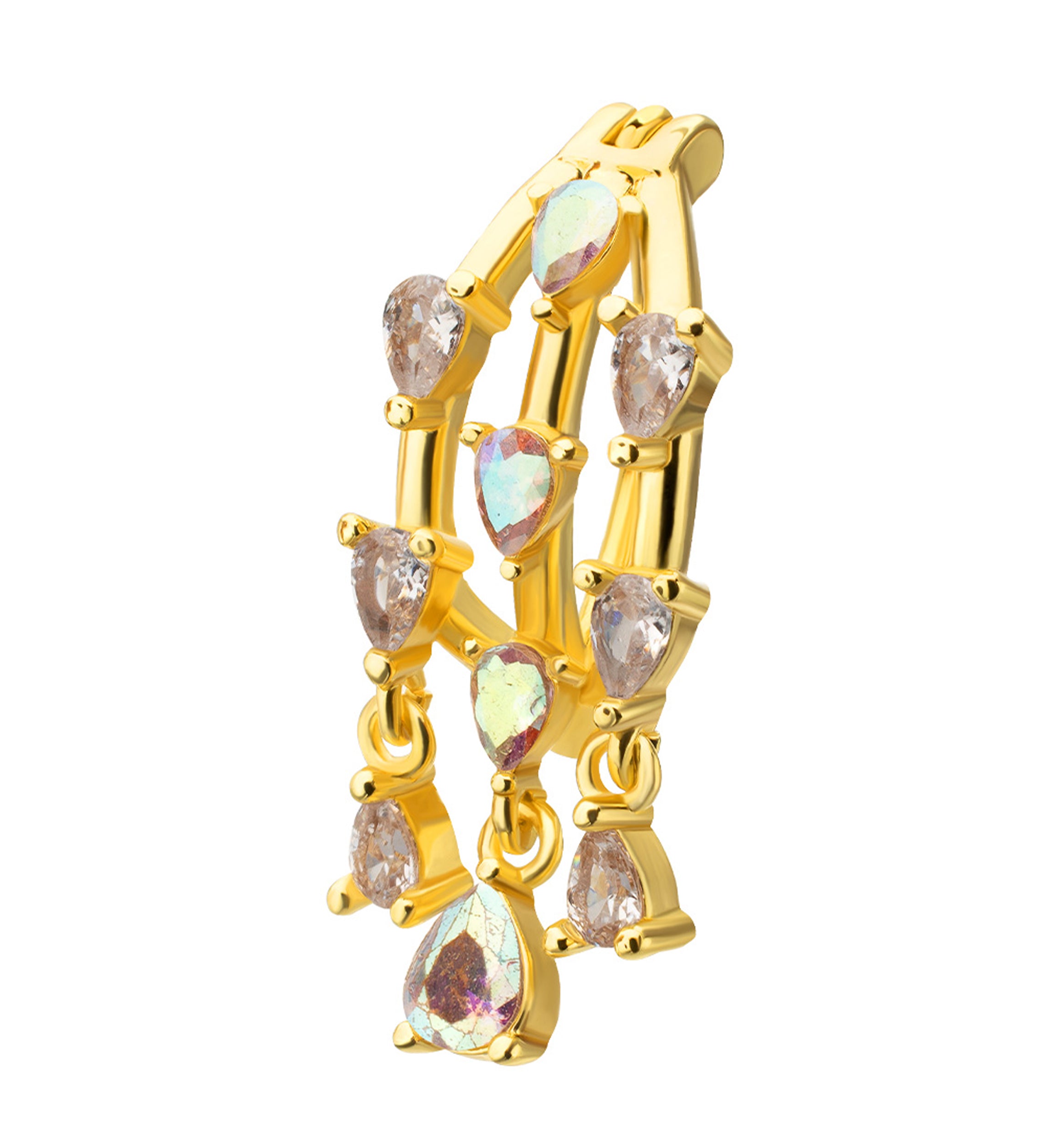 Gold PVD Triple Bar Teardrops Rainbow Aurora CZ Dangle Stainless Steel Hinged Belly Button Ring
