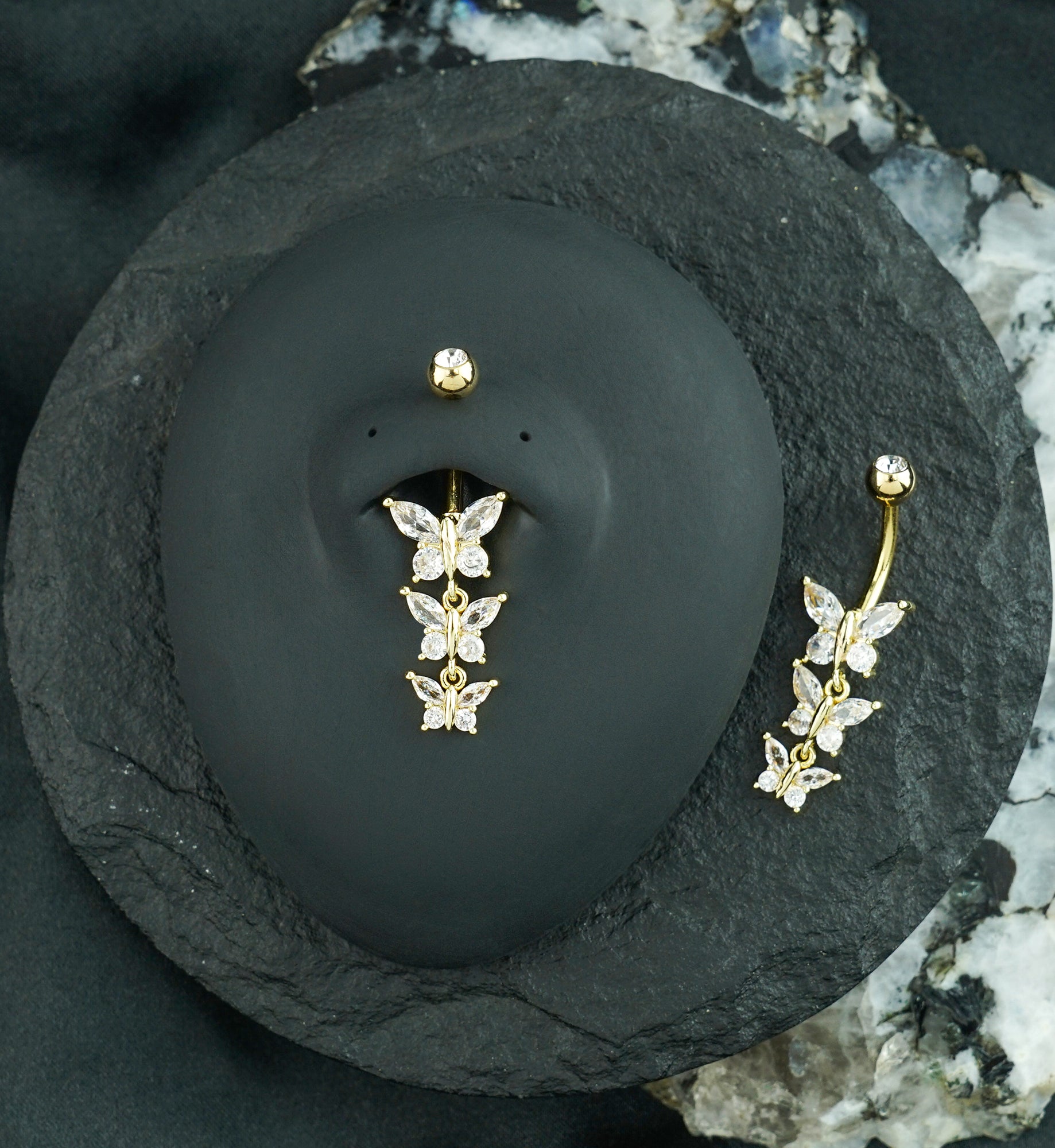 Gold PVD Triple Butterfly Clear CZ Dangle Stainless Steel Externally Threaded Belly Button Ring