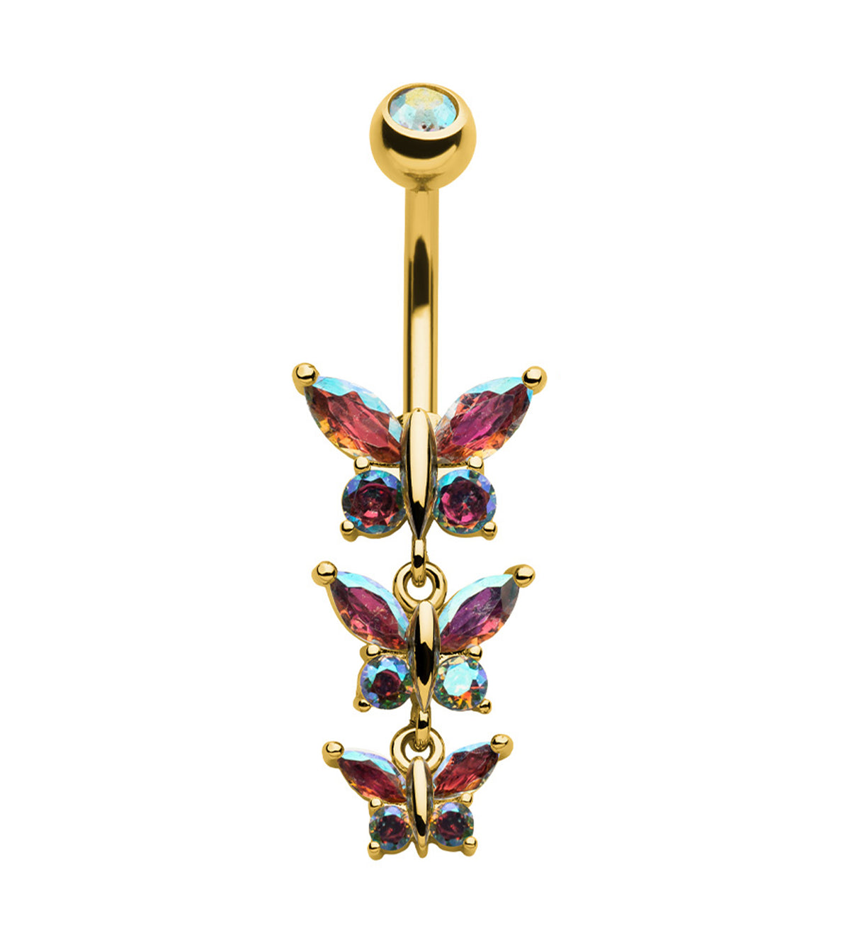 Gold PVD Triple Butterfly Rainbow Aurora CZ Dangle Stainless Steel Externally Threaded Belly Button Ring