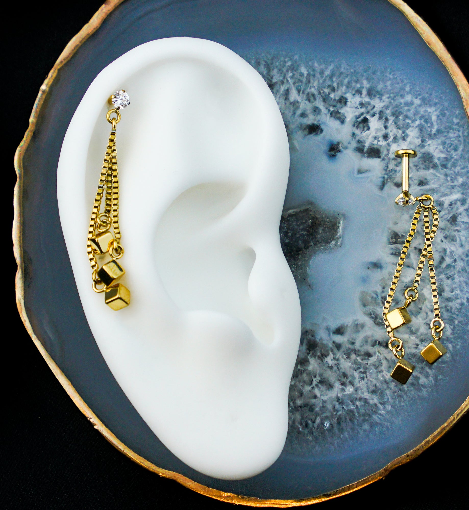 Gold PVD Triple Cube Dangle Chain Stainless Steel Internally Threaded Labret