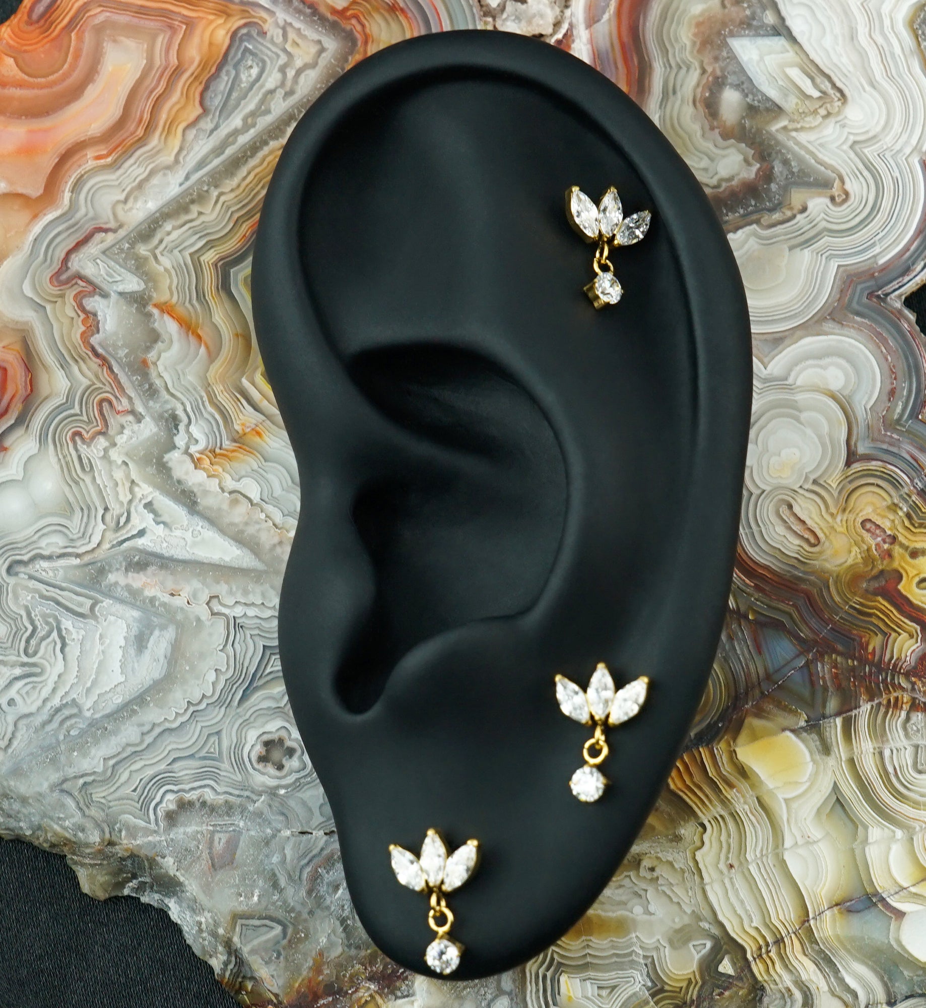 Gold PVD Triple Empress CZ Dangle Titanium Threadless Top