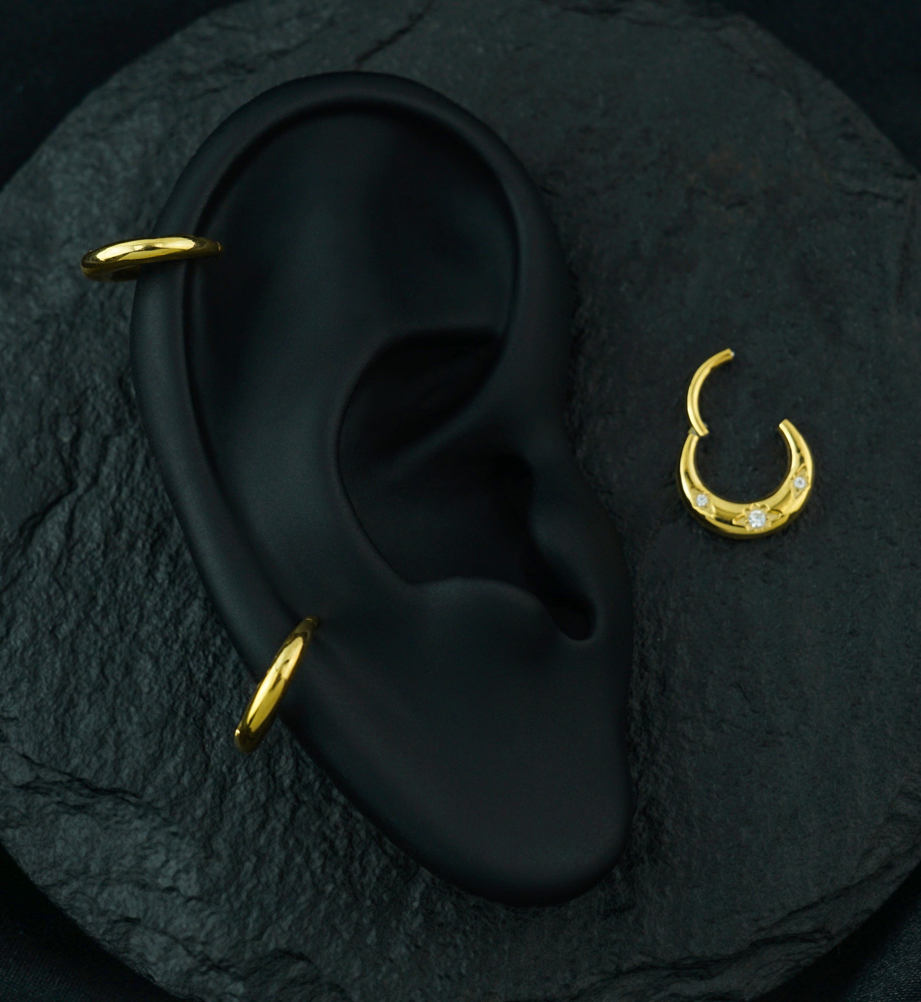 24kt Gold PVD Triple Etched Star Clear CZ Titanium Hinged Segment Ring