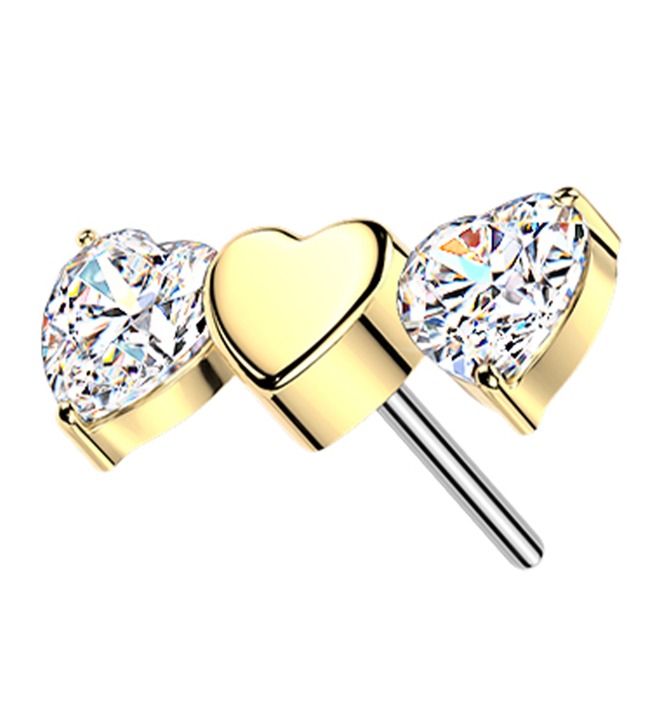 Gold PVD Triple Heart Clear CZ Titanium Threadless Top