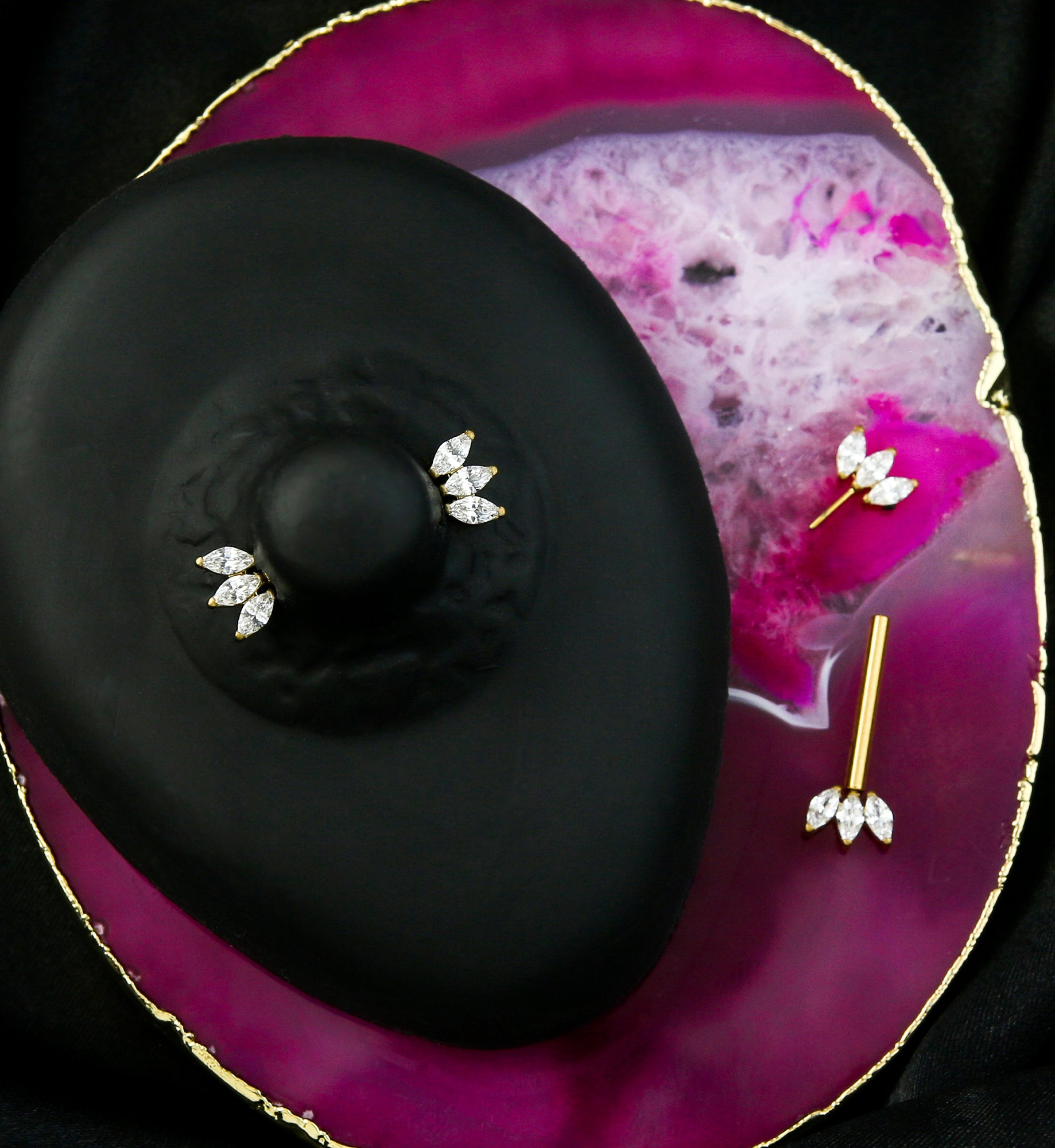 Gold PVD Triple Marquise CZ Threadless Titanium Nipple Barbell