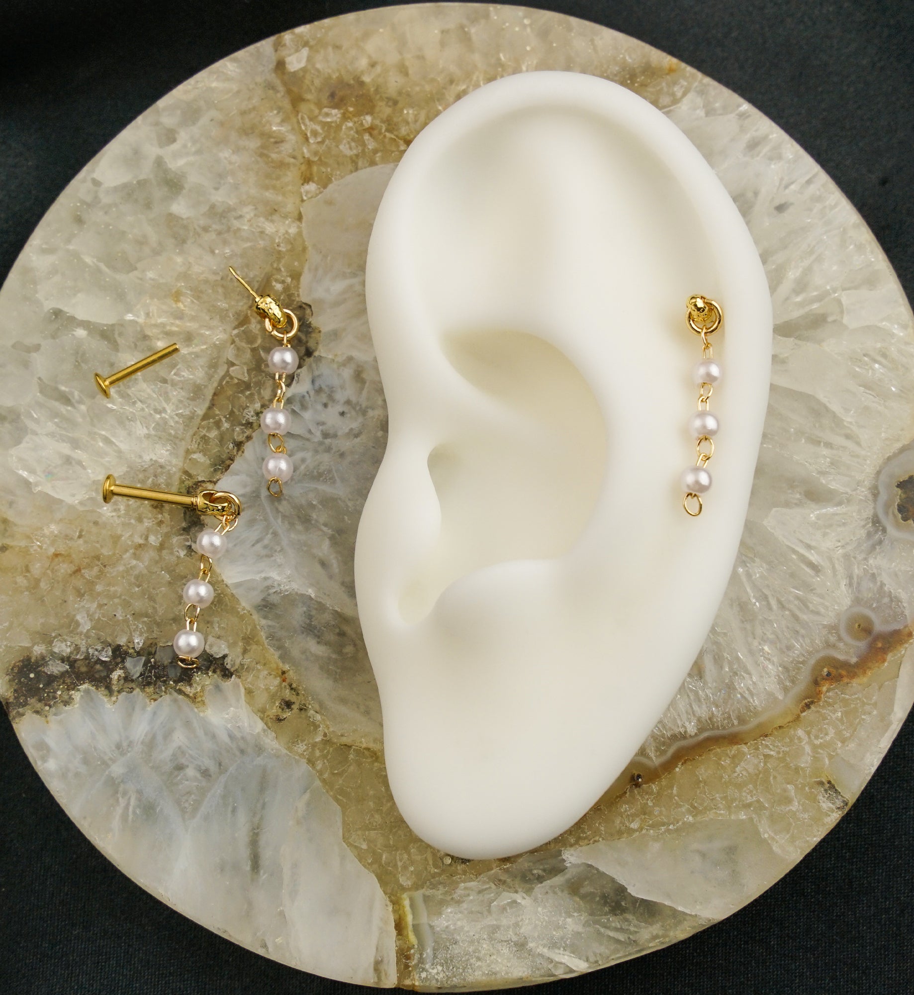 Gold PVD Triple Pearl Dangle Stainless Steel Convex Back Threadless Labret