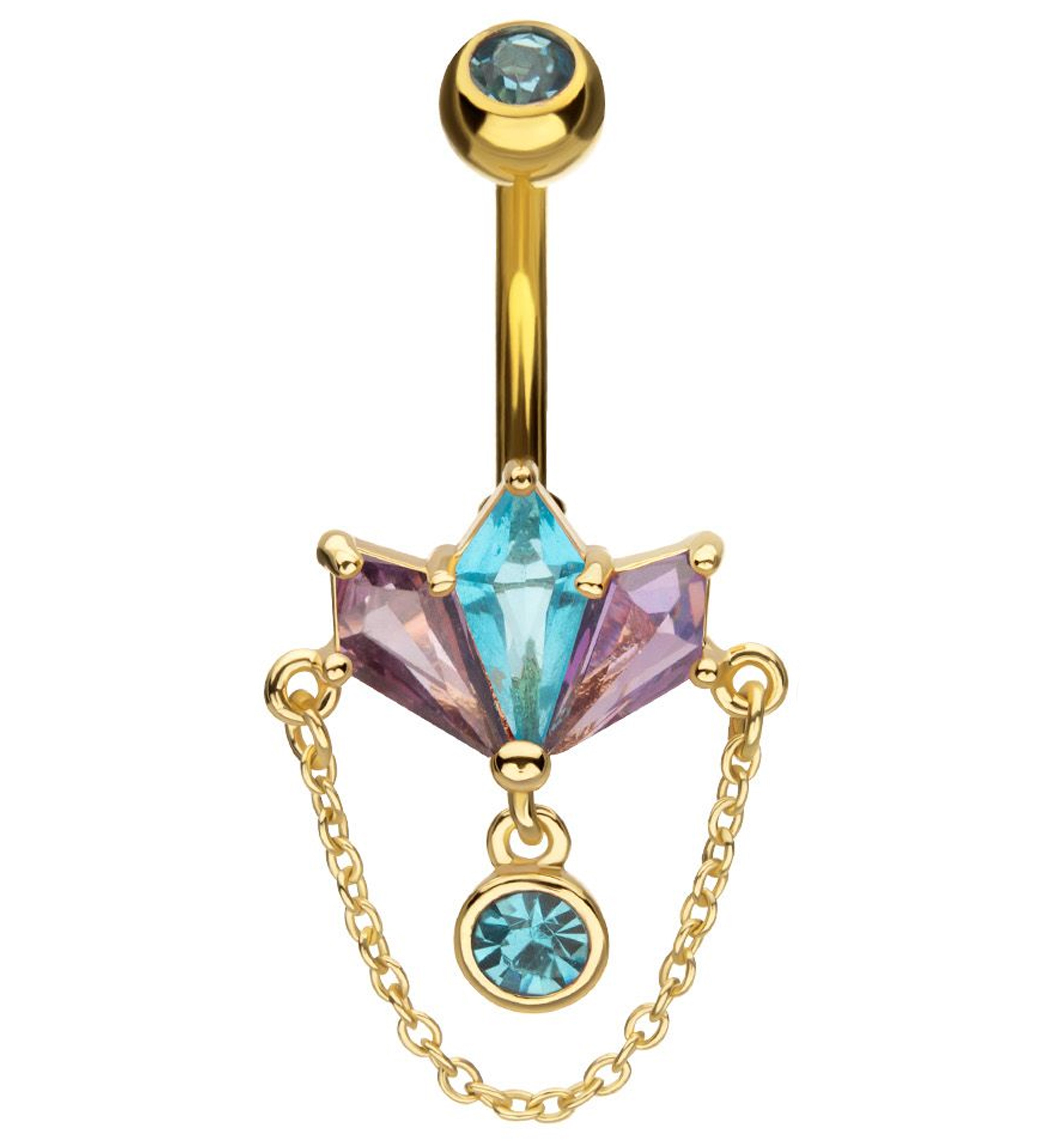 Gold PVD Triple Poly Amethyst And Aqua CZ Dangle Chain Stainless Steel Belly Button Ring