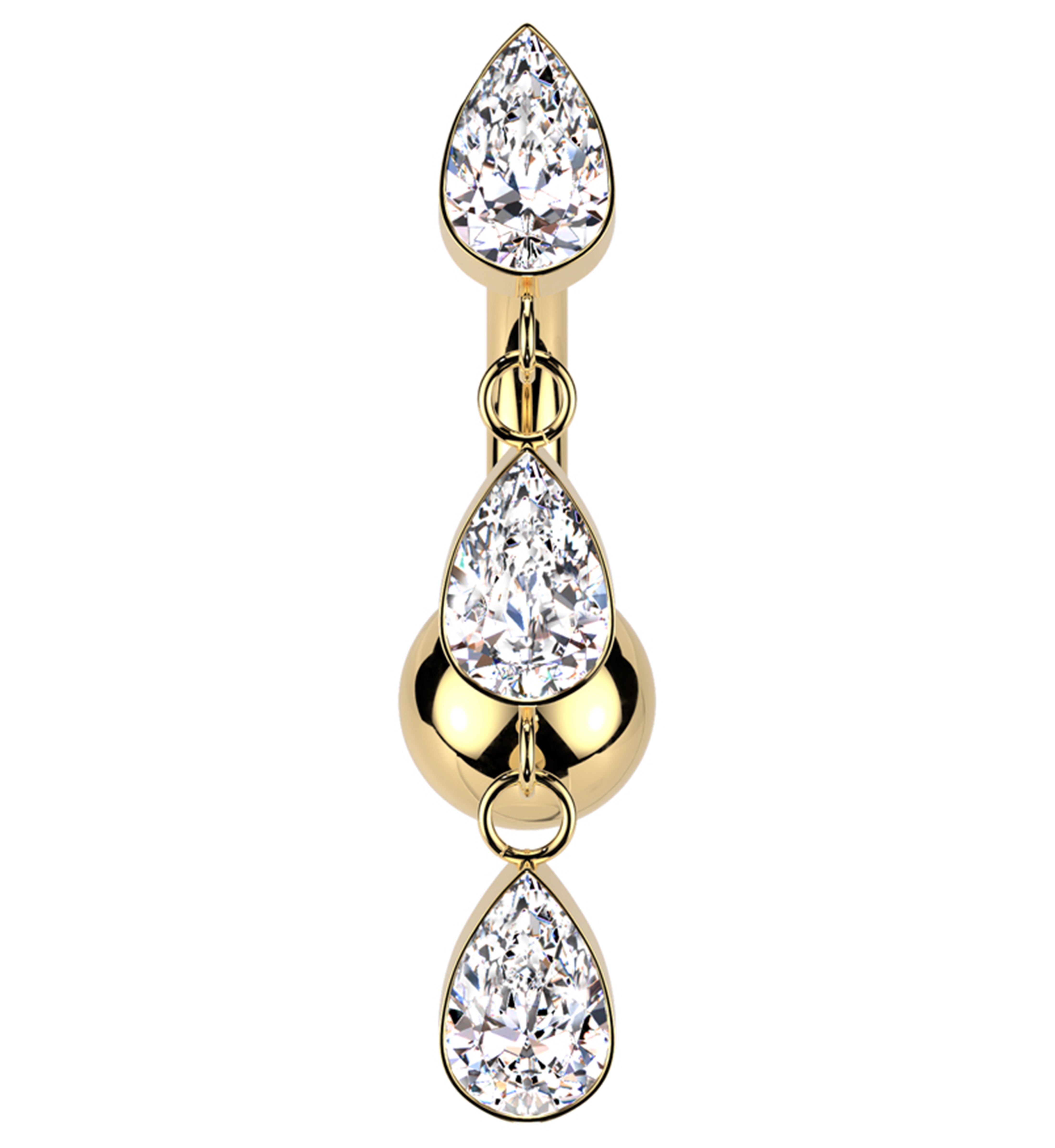 Gold PVD Triple Teardrop Dangle Clear CZ Titanium Threadless Belly Button Ring