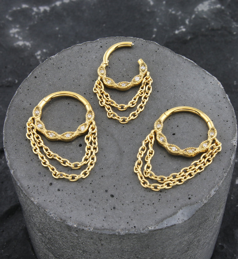 Gold PVD Twist Beaded CZ Double Dangle Chain Stainless Steel Hinged Segment Ring