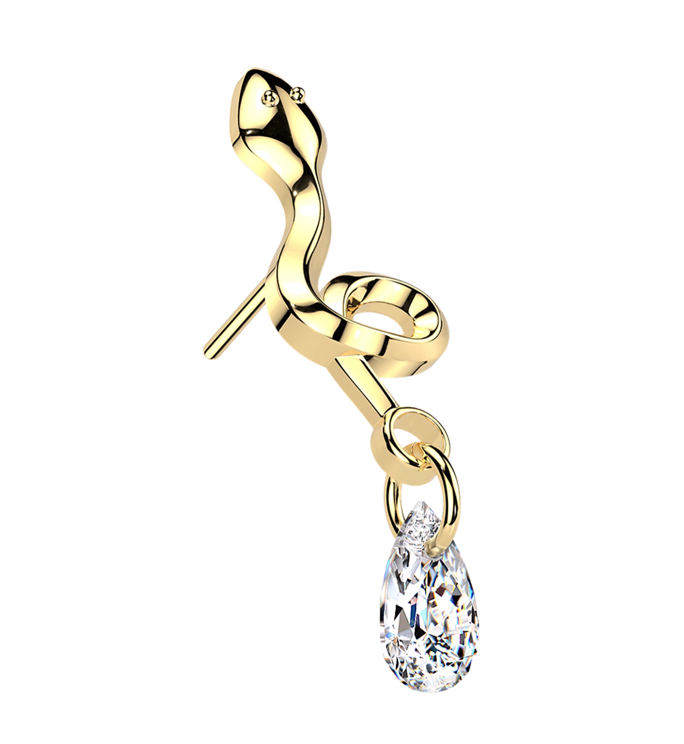 Gold PVD Twisted Snake Dangle Teardrop CZ Titanium Threadless Top